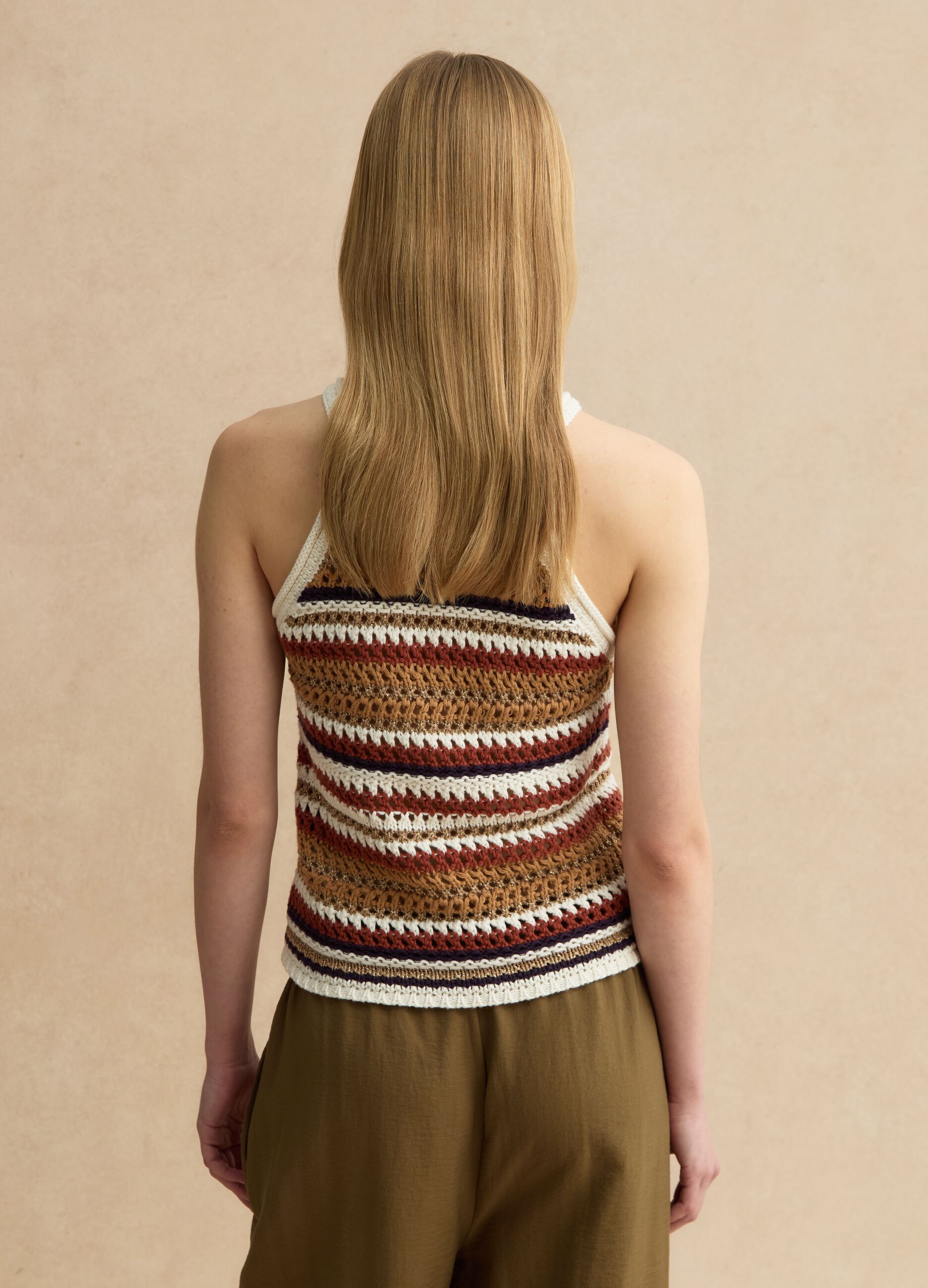 Multicolour striped fitted knitted cotton-blend top