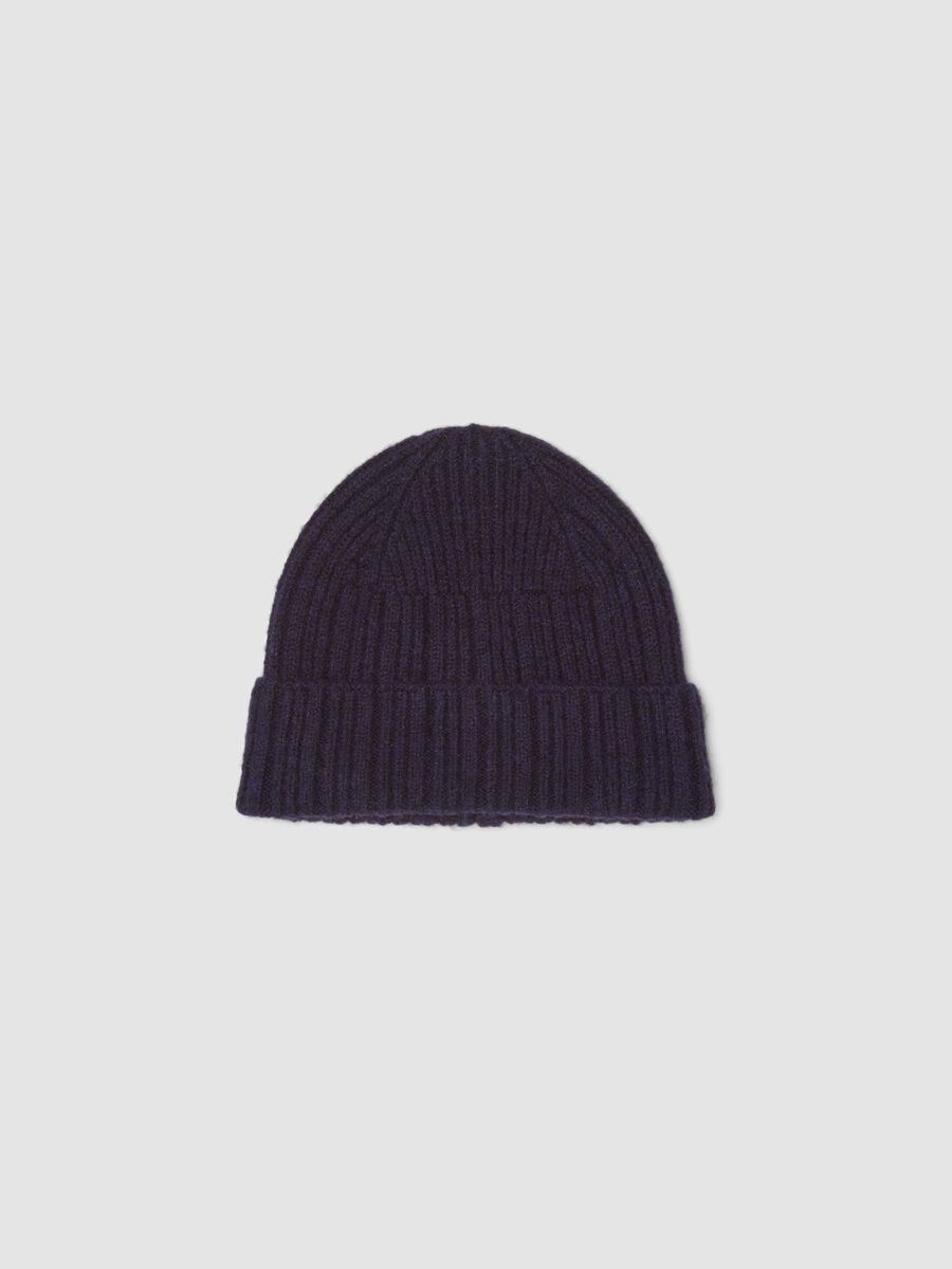 Berretto blu navy in lana elasticizzata a costine_0