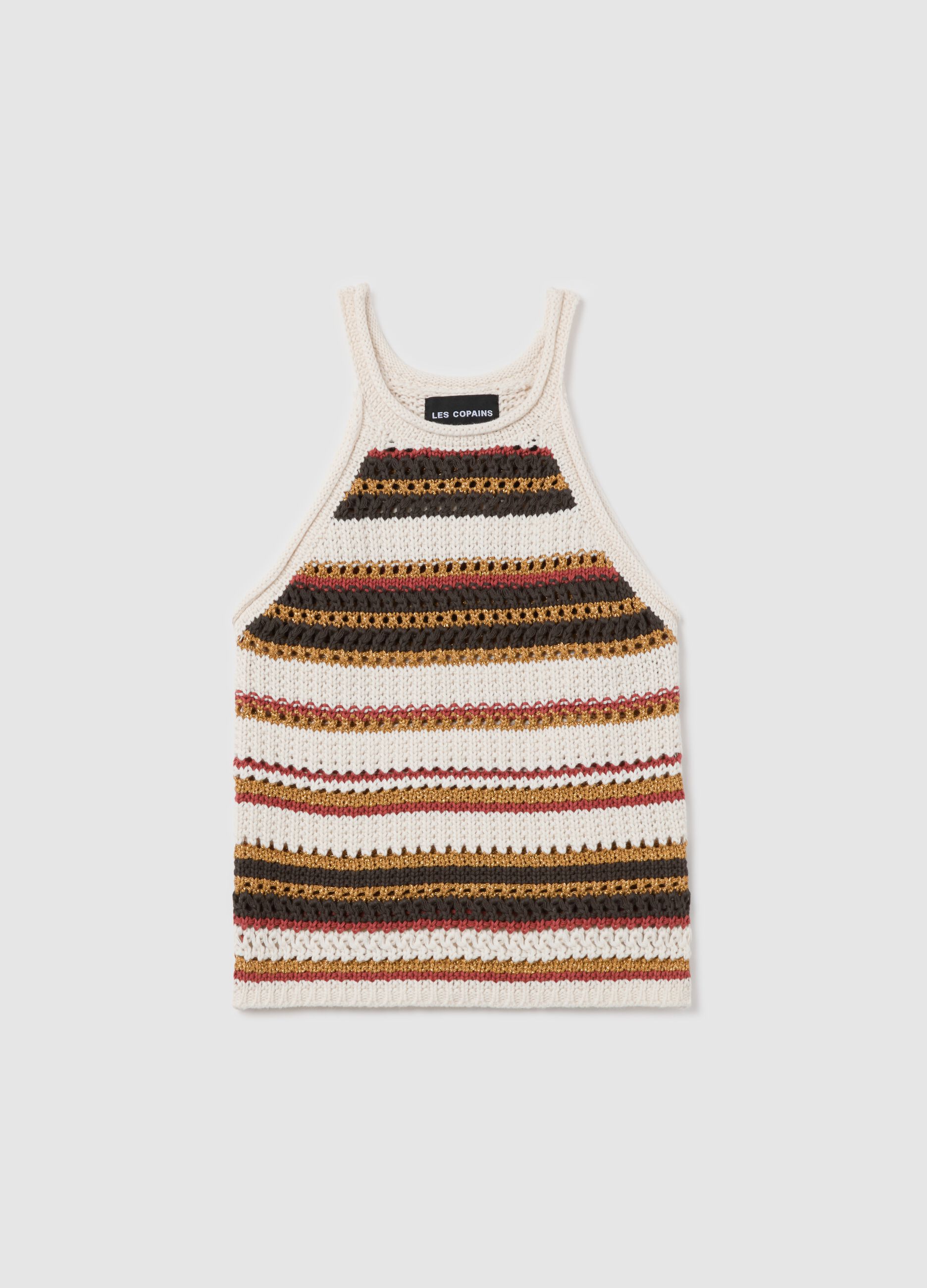 Tank top a righe crochet beige e marrone con dettagli lurex