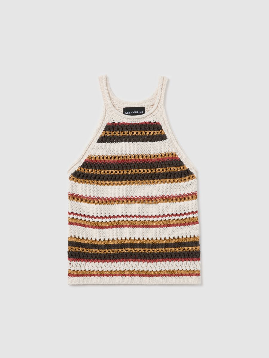 Beige and brown striped crochet tank top with lurex details_4
