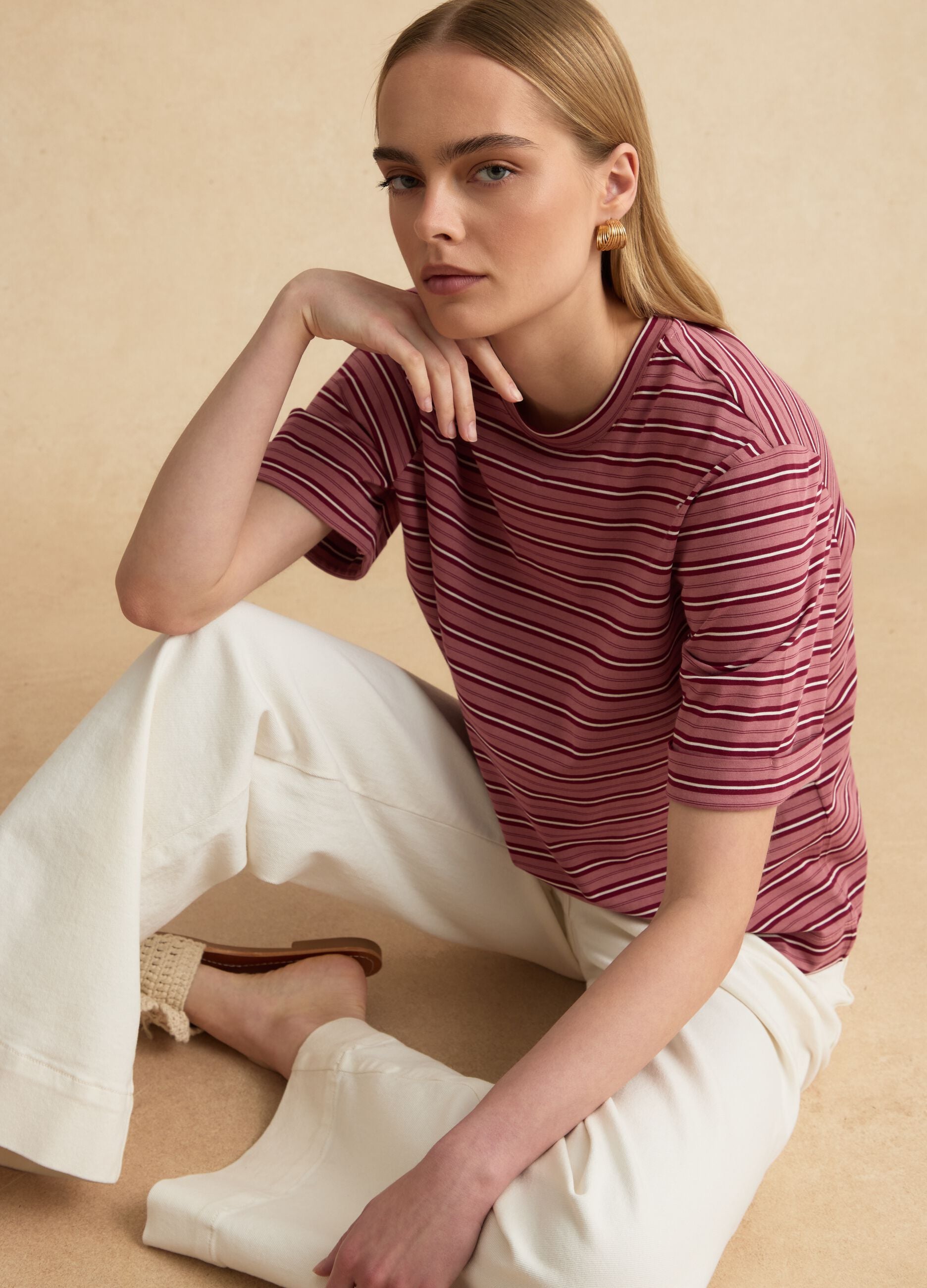 Pink striped cotton-blend T-shirt