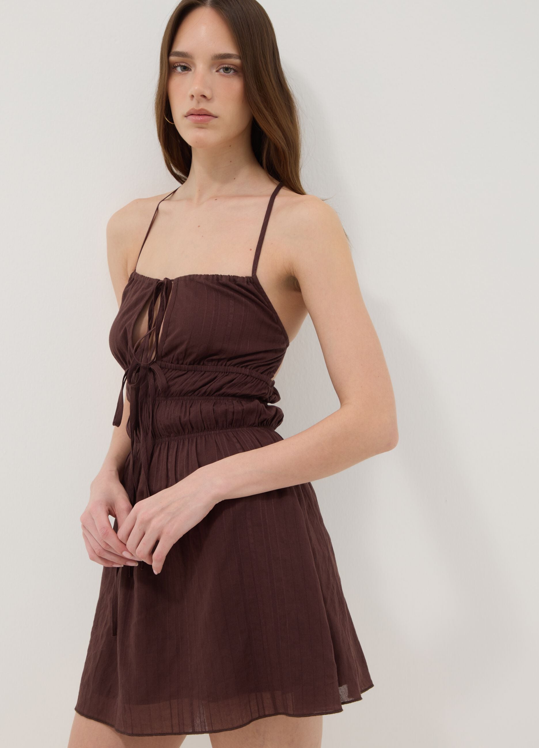 Brown pure cotton mini dress with thin straps, regular fit