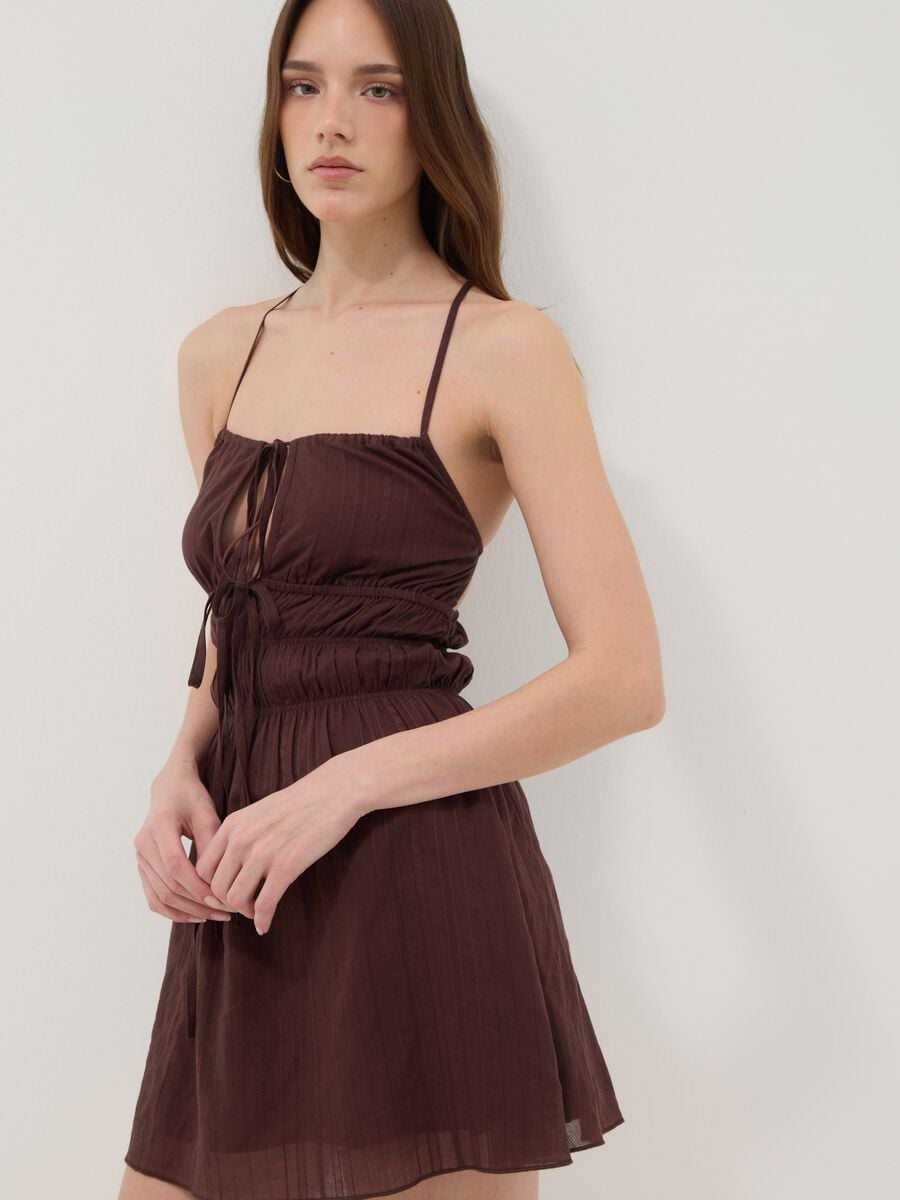 Brown pure cotton mini dress with thin straps, regular fit_0