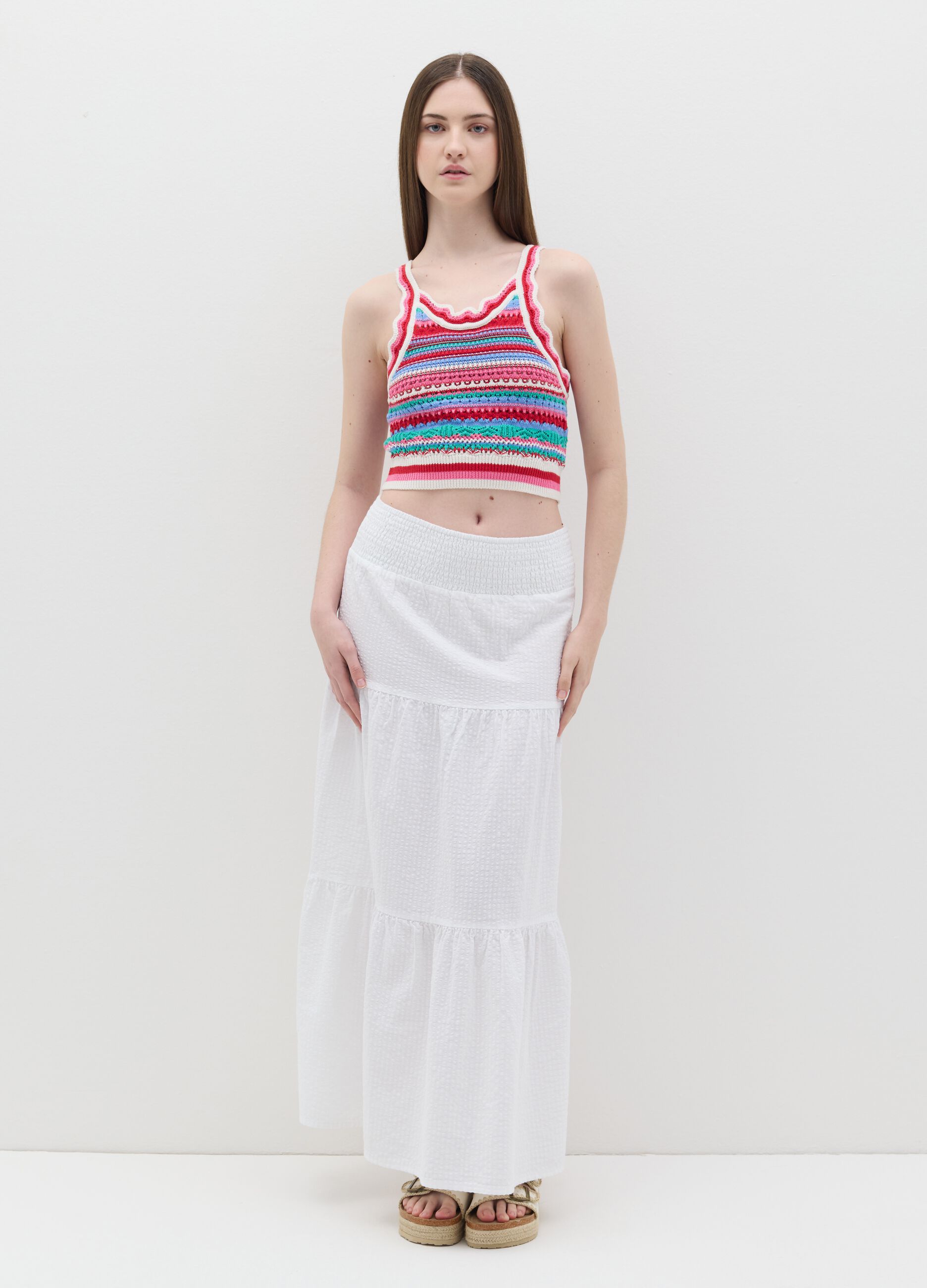 Cropped tank top in multicoloured crochet