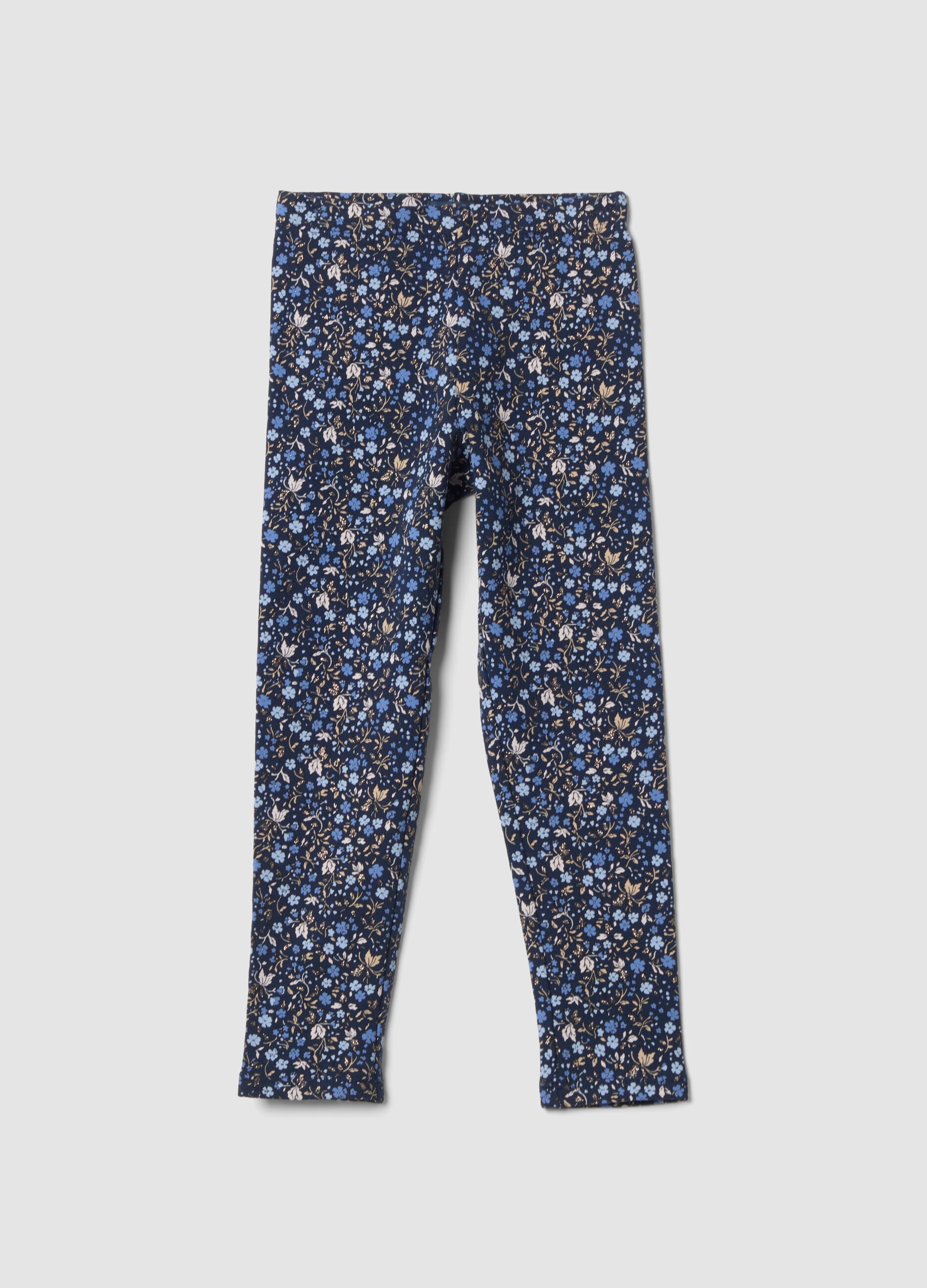 Leggings blu skinny in cotone organico elasticizzato con fantasia floreale