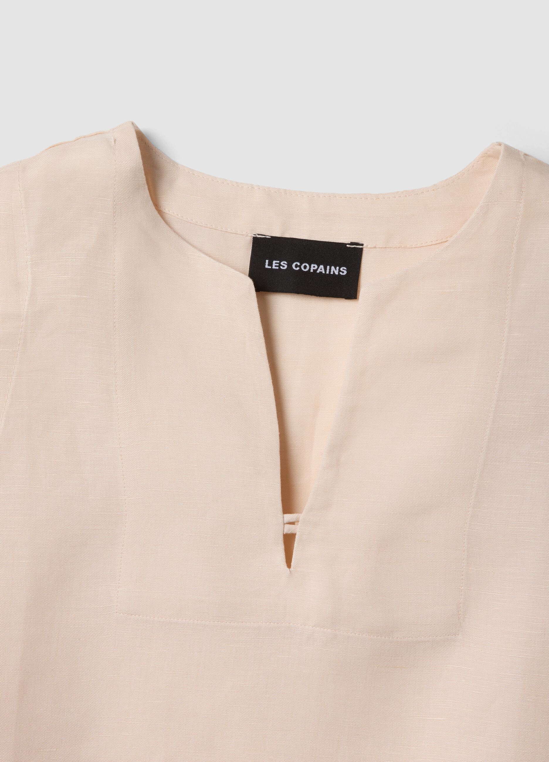Beige linen-viscose blend top with oversized fit