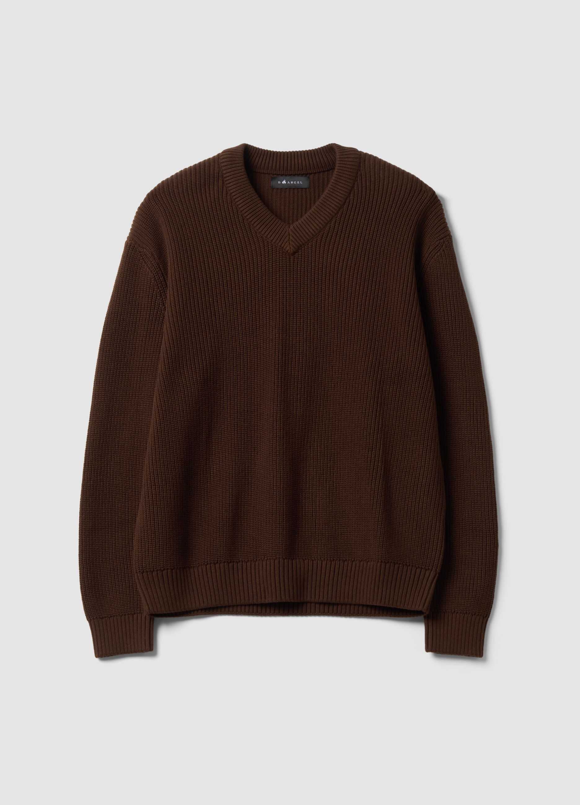 Brown pure cotton jumper with deep V-neck, regular fit