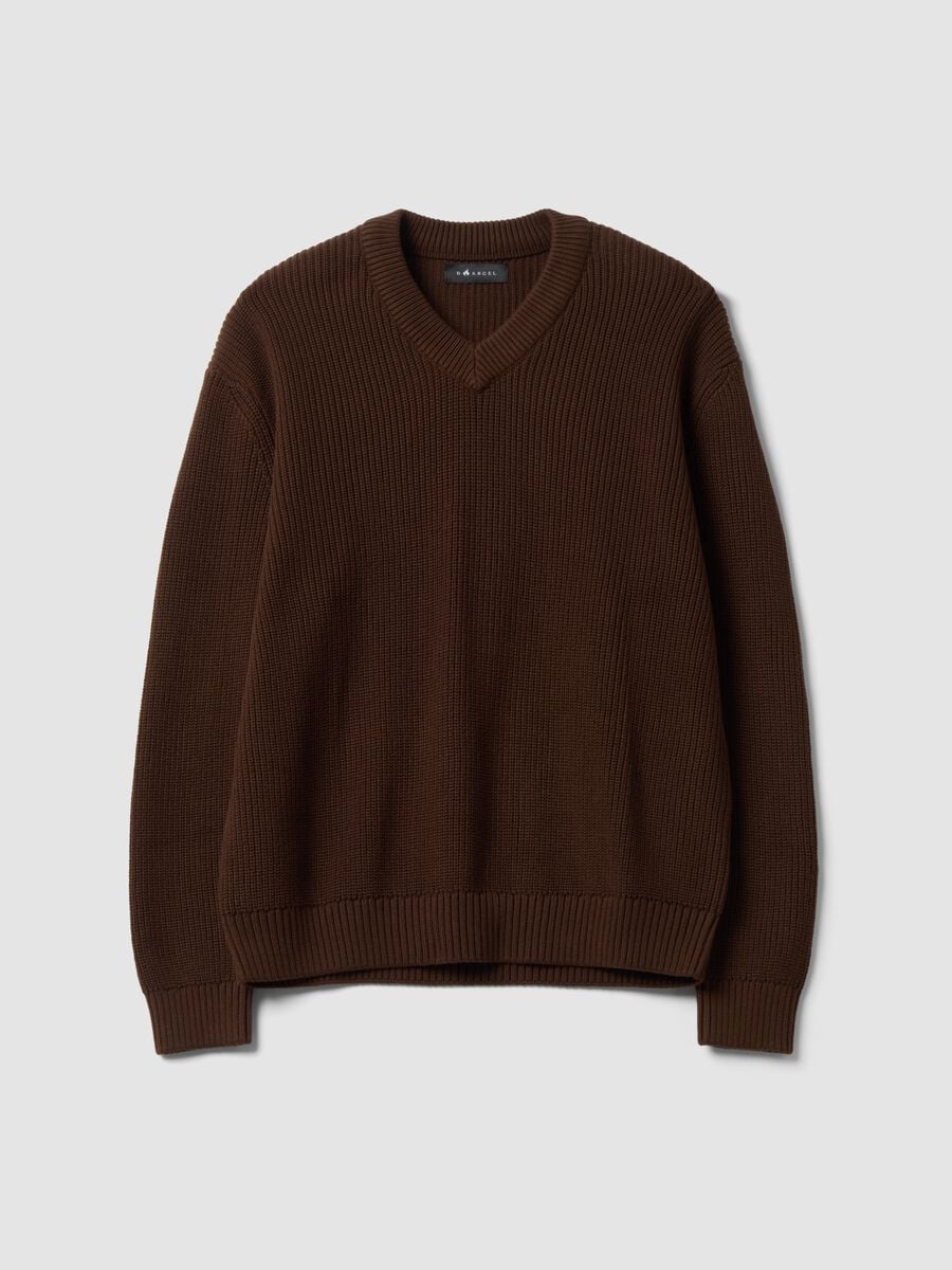 Brown pure cotton jumper with deep V-neck, regular fit_0