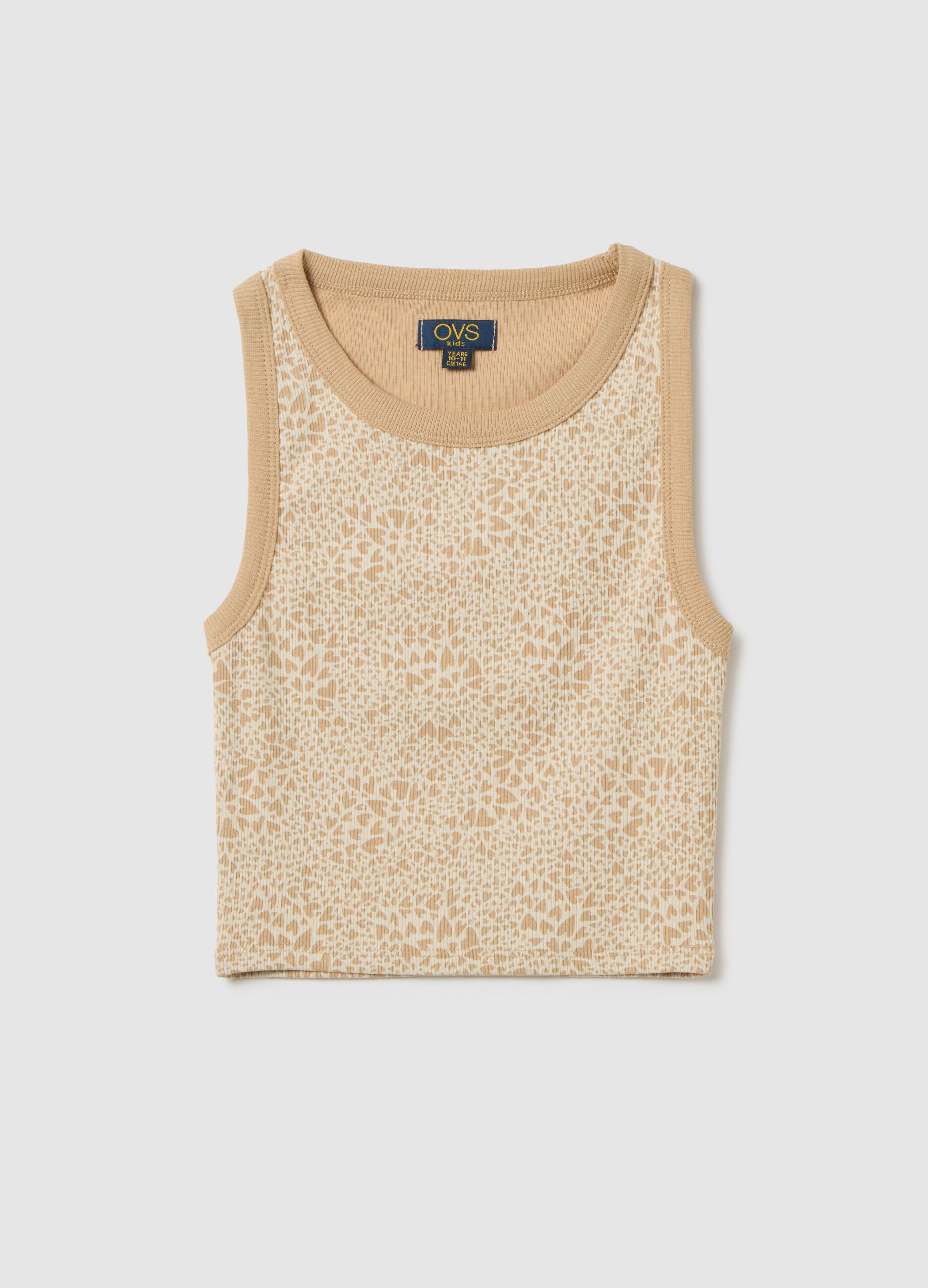 Canotta da ragazza in cotone elasticizzato beige con fantasia fitted
