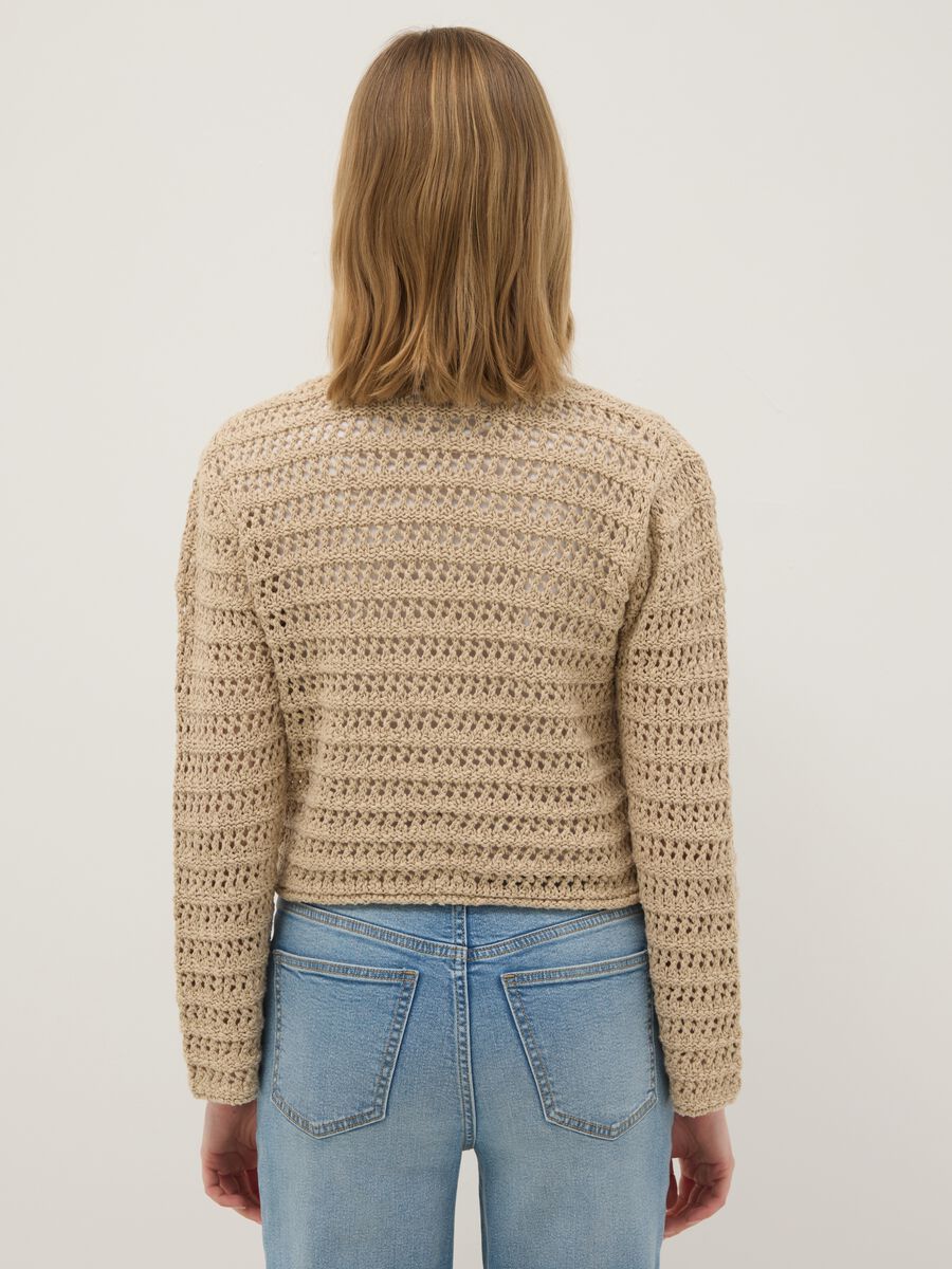 Beige pure cotton cardigan regular fit with openwork design_2