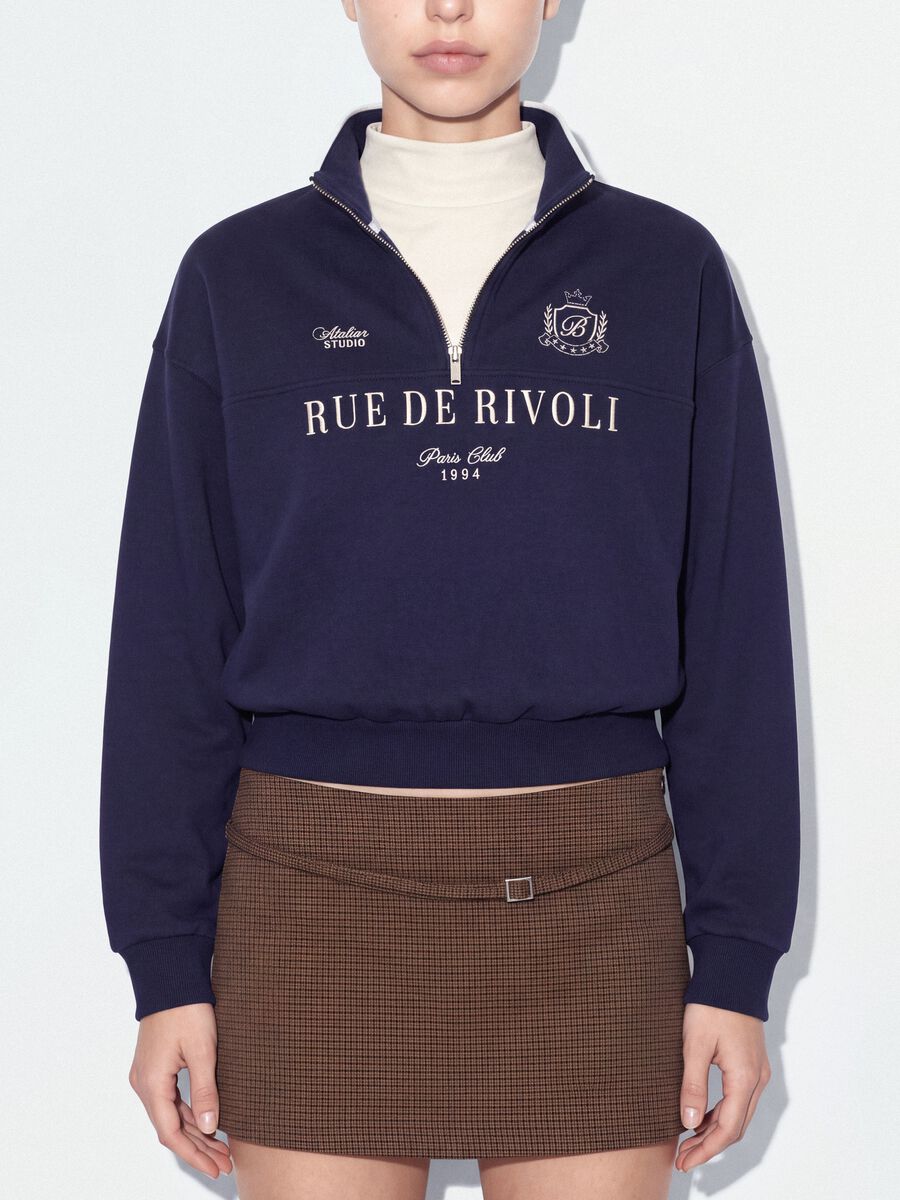 Blue half-zip cotton-blend sweatshirt with front lettering, regular fit_2