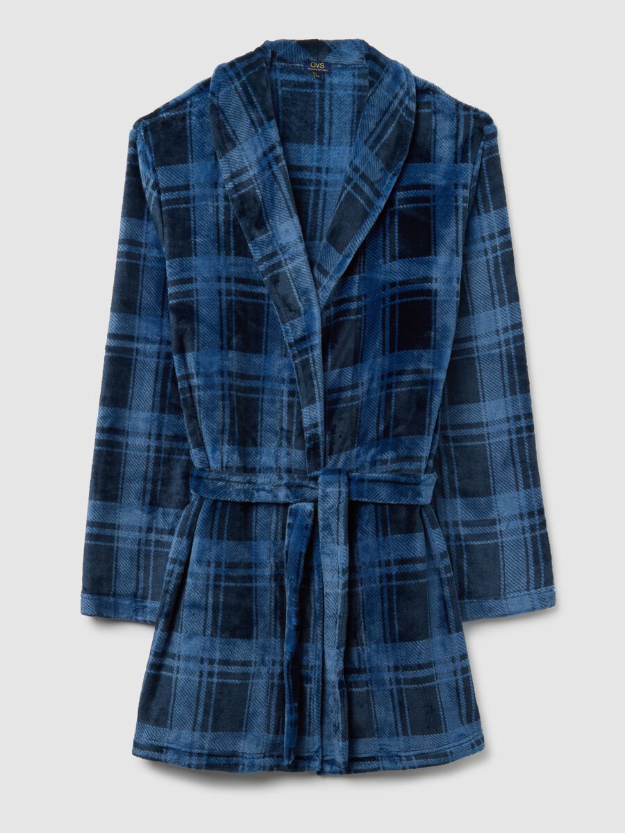 Multicoloured check coral fleece robe with belt_4