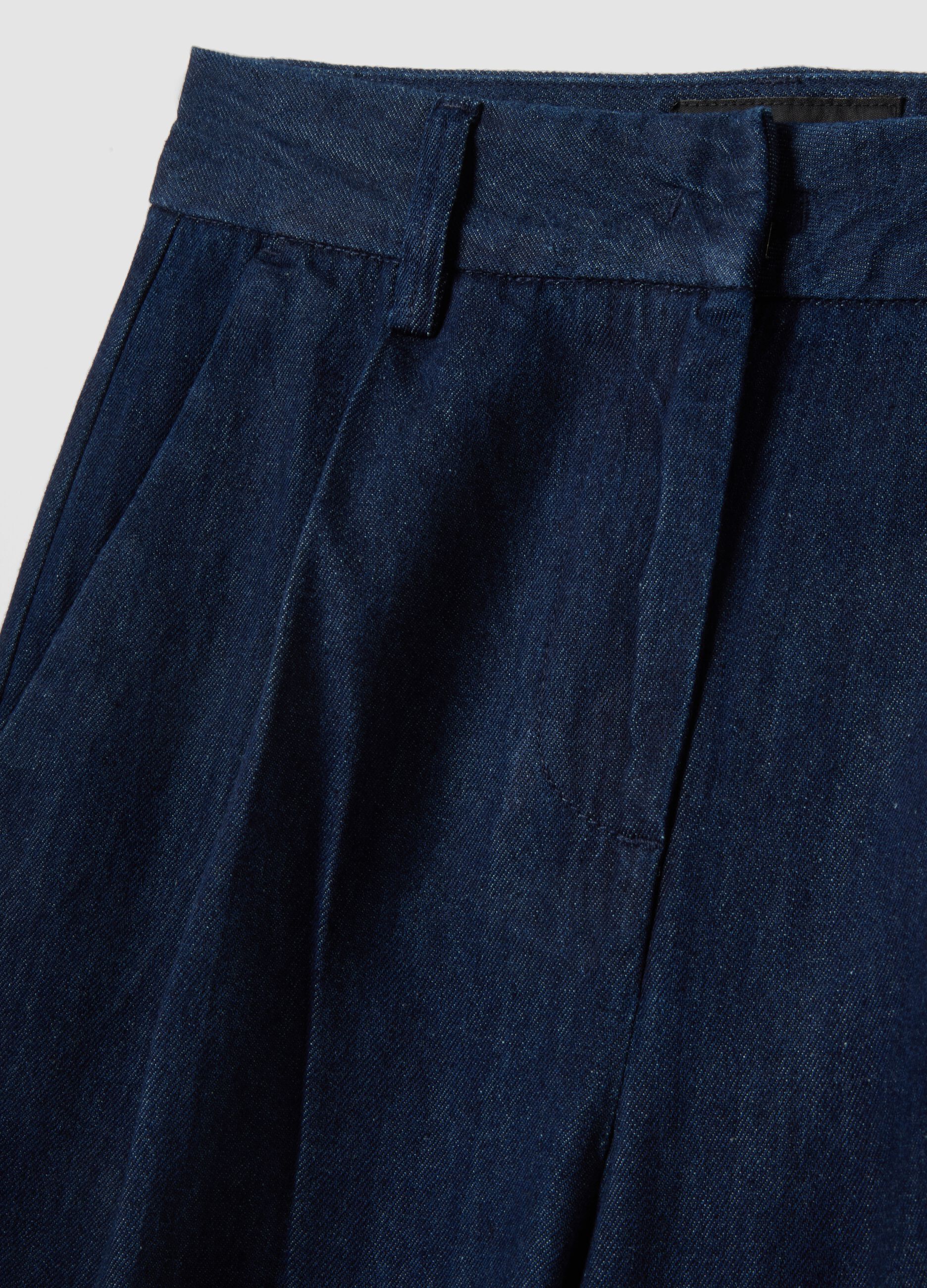 Wide-leg blue denim pure cotton trousers
