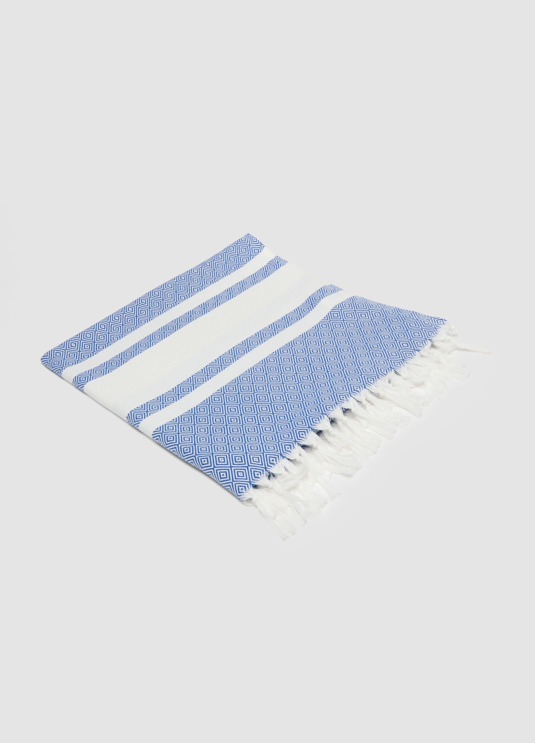 Blue pure cotton beach towel with fringes