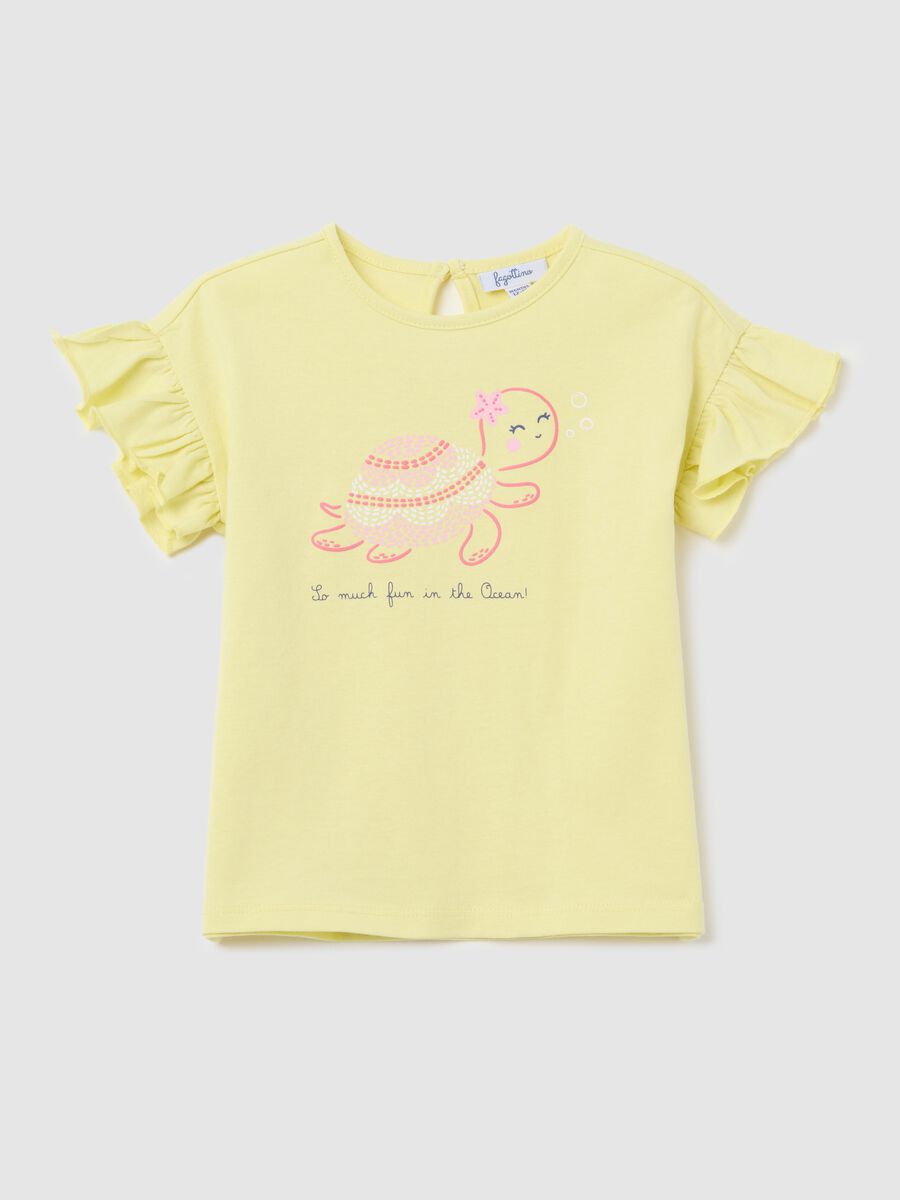 Yellow T-shirt in cotton with print and flounce_0