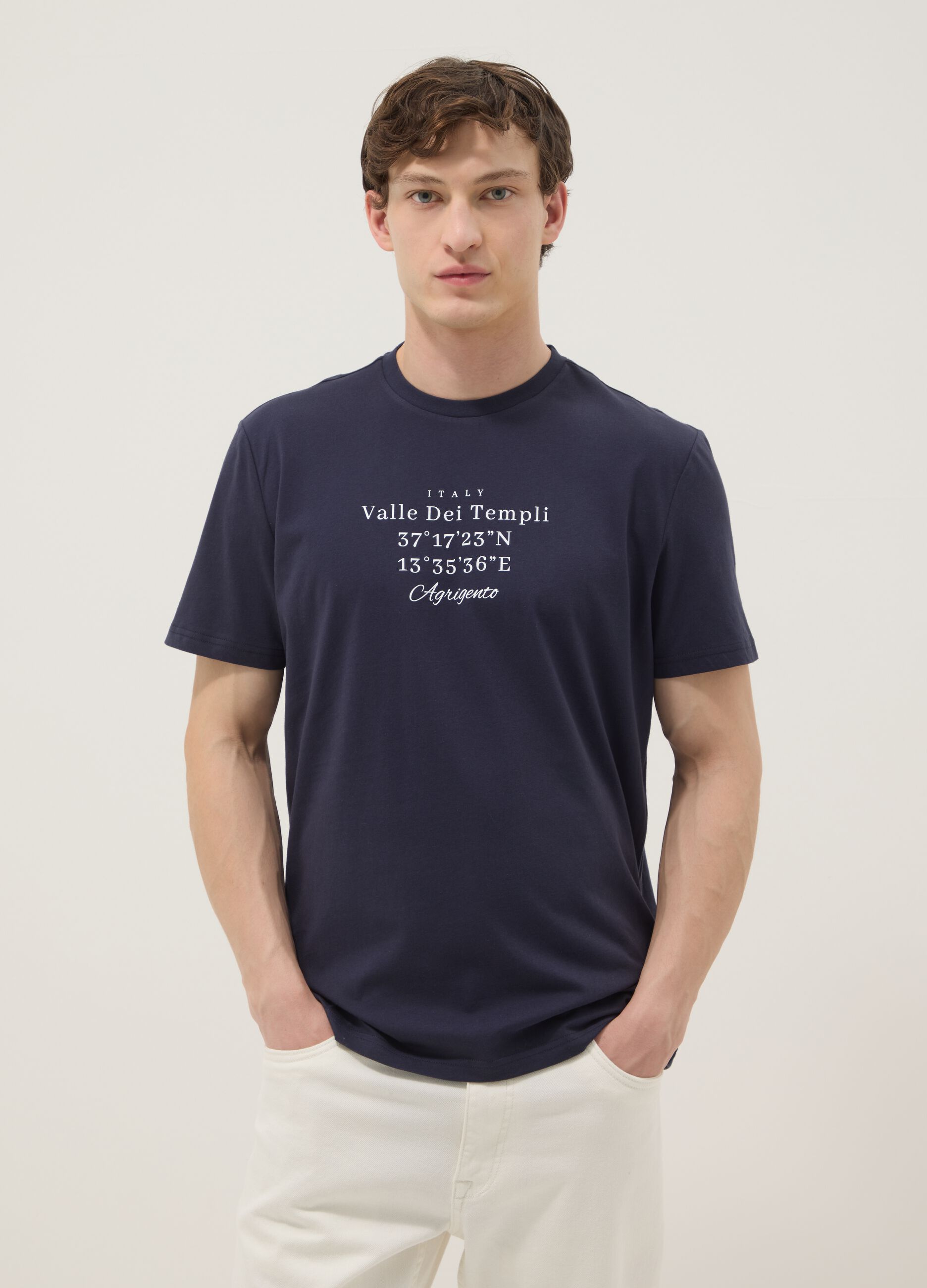 Blue short-sleeve pure cotton T-shirt, regular fit