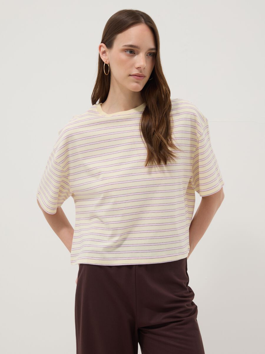 T-shirt gialla a righe in puro cotone boxy fit_1