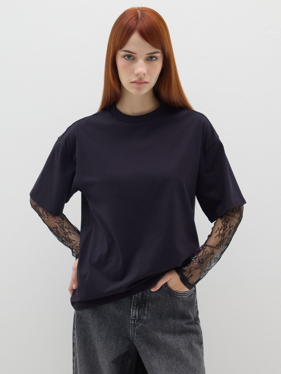 Pure black cotton oversized fit top_0