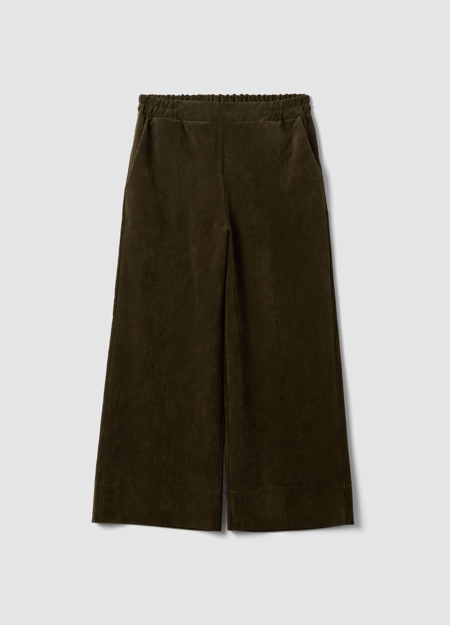 Green wide-leg ribbed trousers in stretch viscose blend, regular fit
