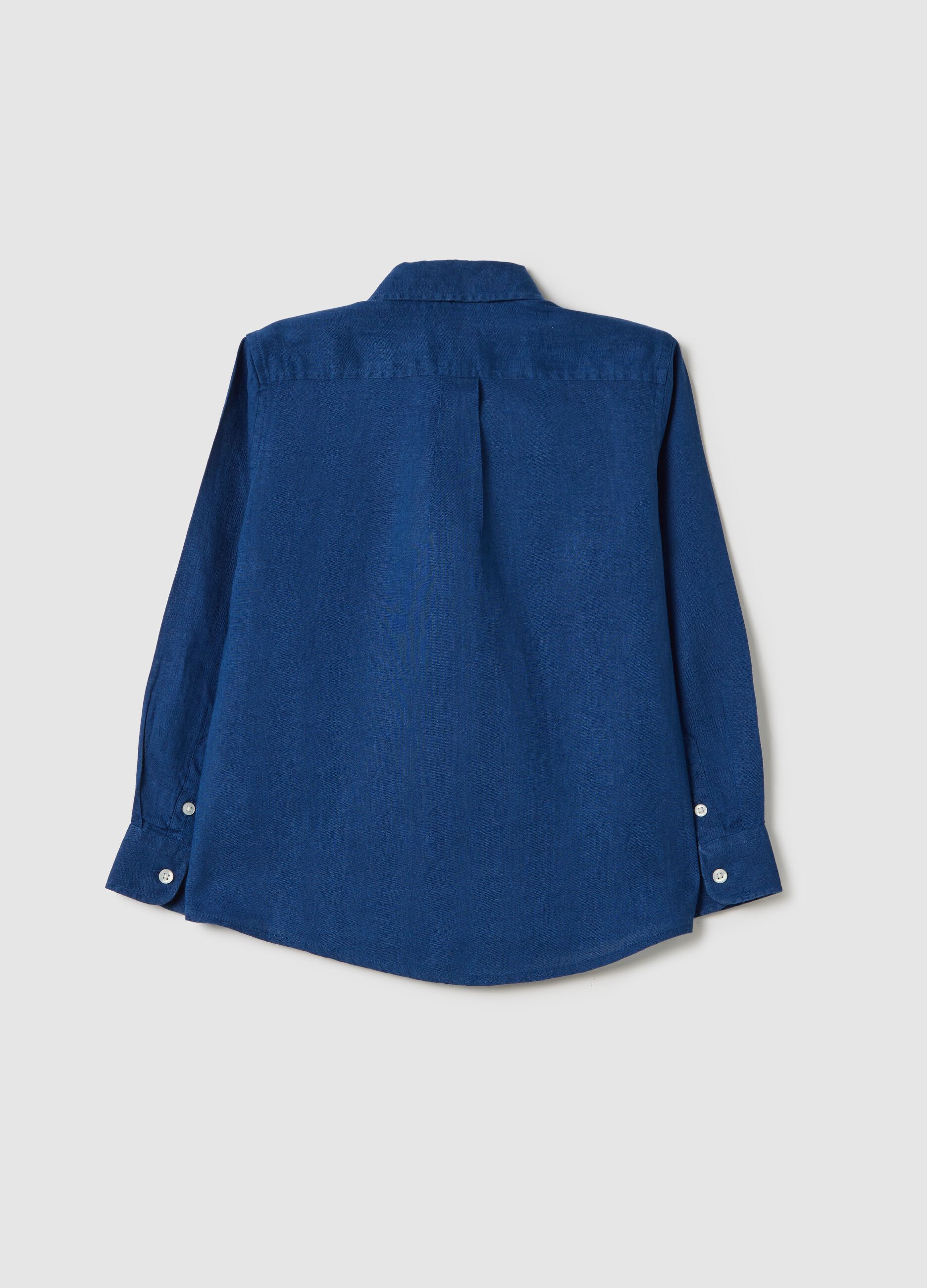 Camicia blu in lino con ricamo logo