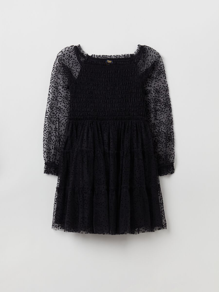 Vestito in tulle plumetis con punto smock_0