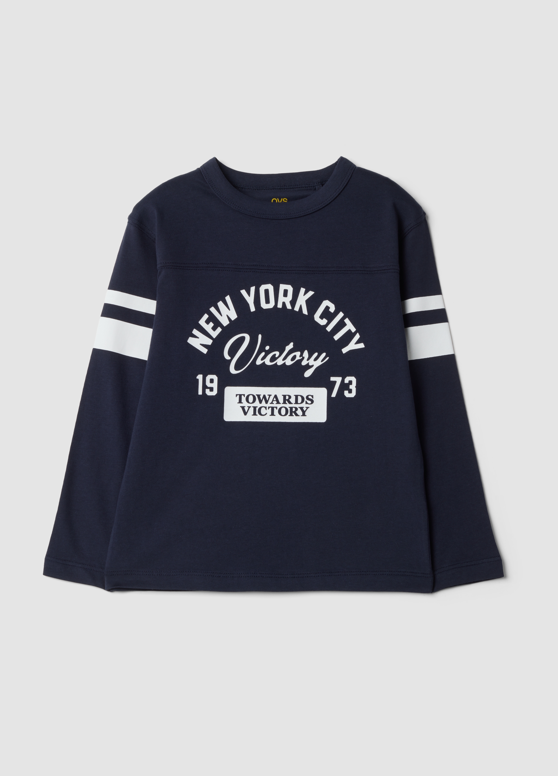 OVS KIDS, T-shirt Blu In Puro Cotone Con Stampa College Regular Fit, Bambino, Blu, Taglia: 3-4