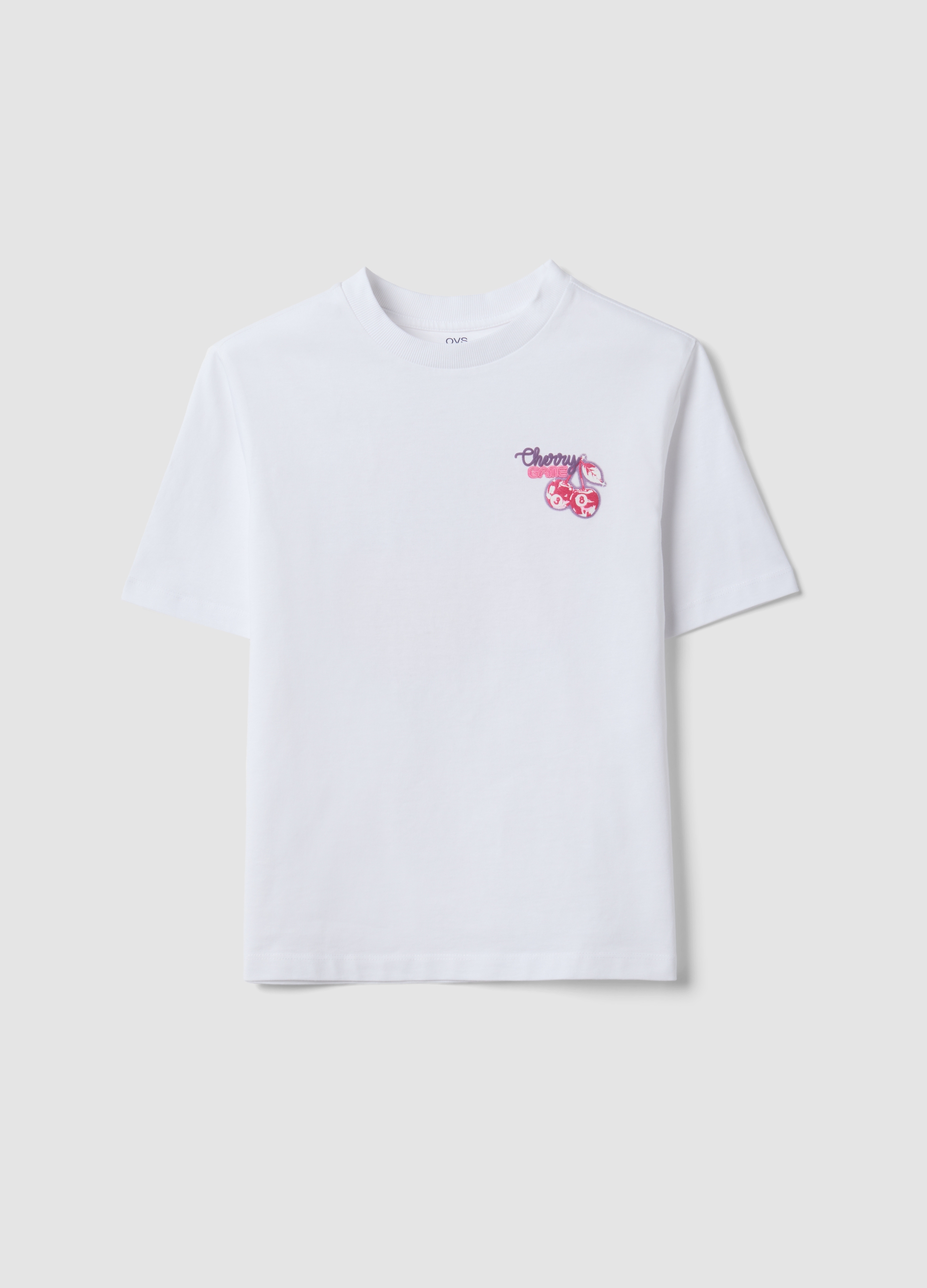 OVS KIDS, T-shirt Bianca In Puro Cotone Con Collo A Costine E Stampa Ciliegie, Bambina, Bianco, Taglia: 13-14