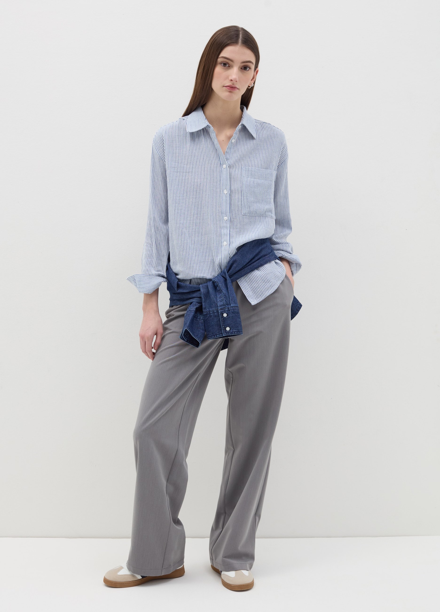 OVS, Camicia Blu A Righe In Cotone E Lino, Donna, Multicolor, Taglia: M