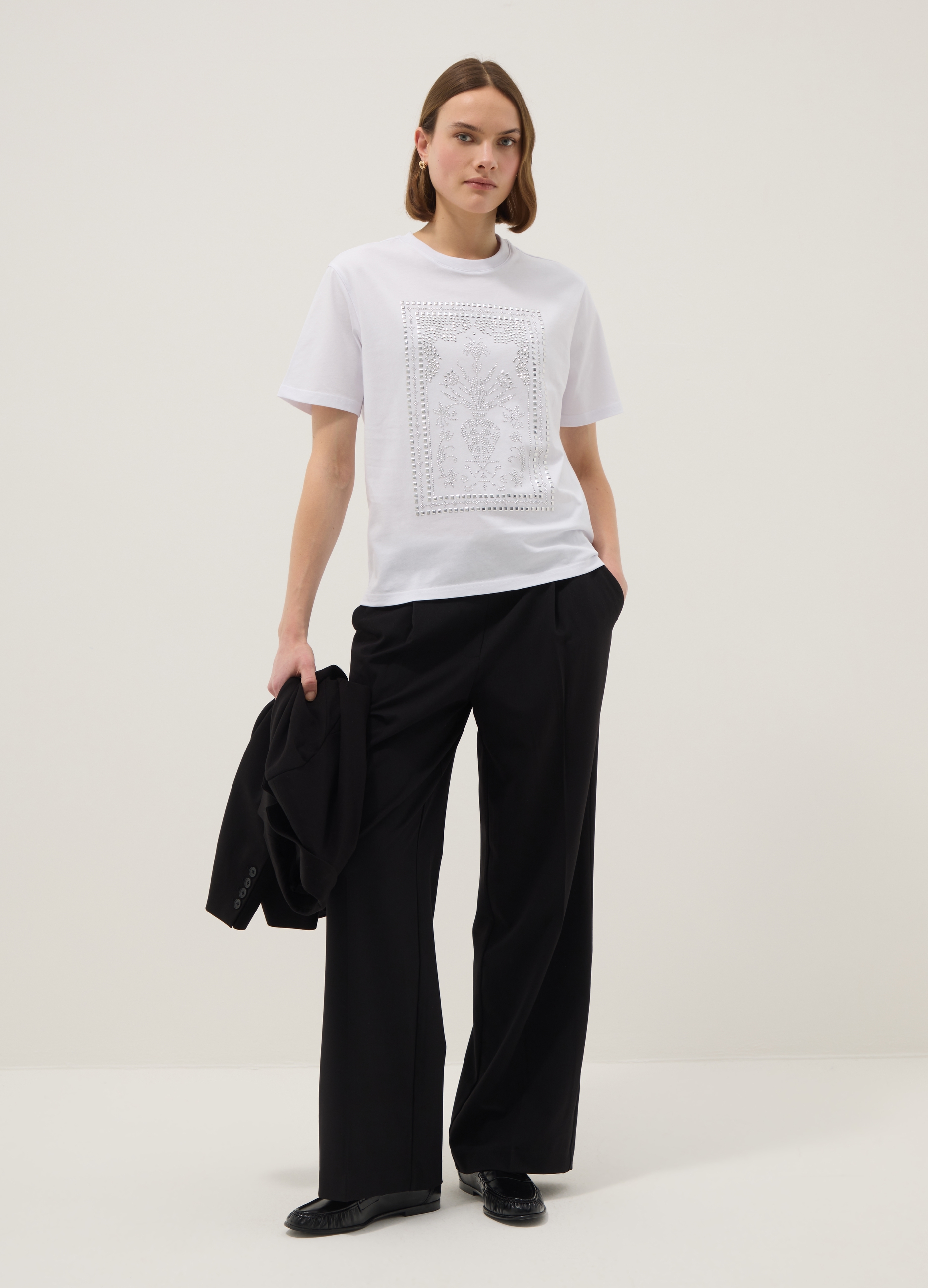 Camiseta Blanca De Algodón Puro Regular Fit Con Motivo De Strass, Mujer, Blanco óptico, Talla: 36