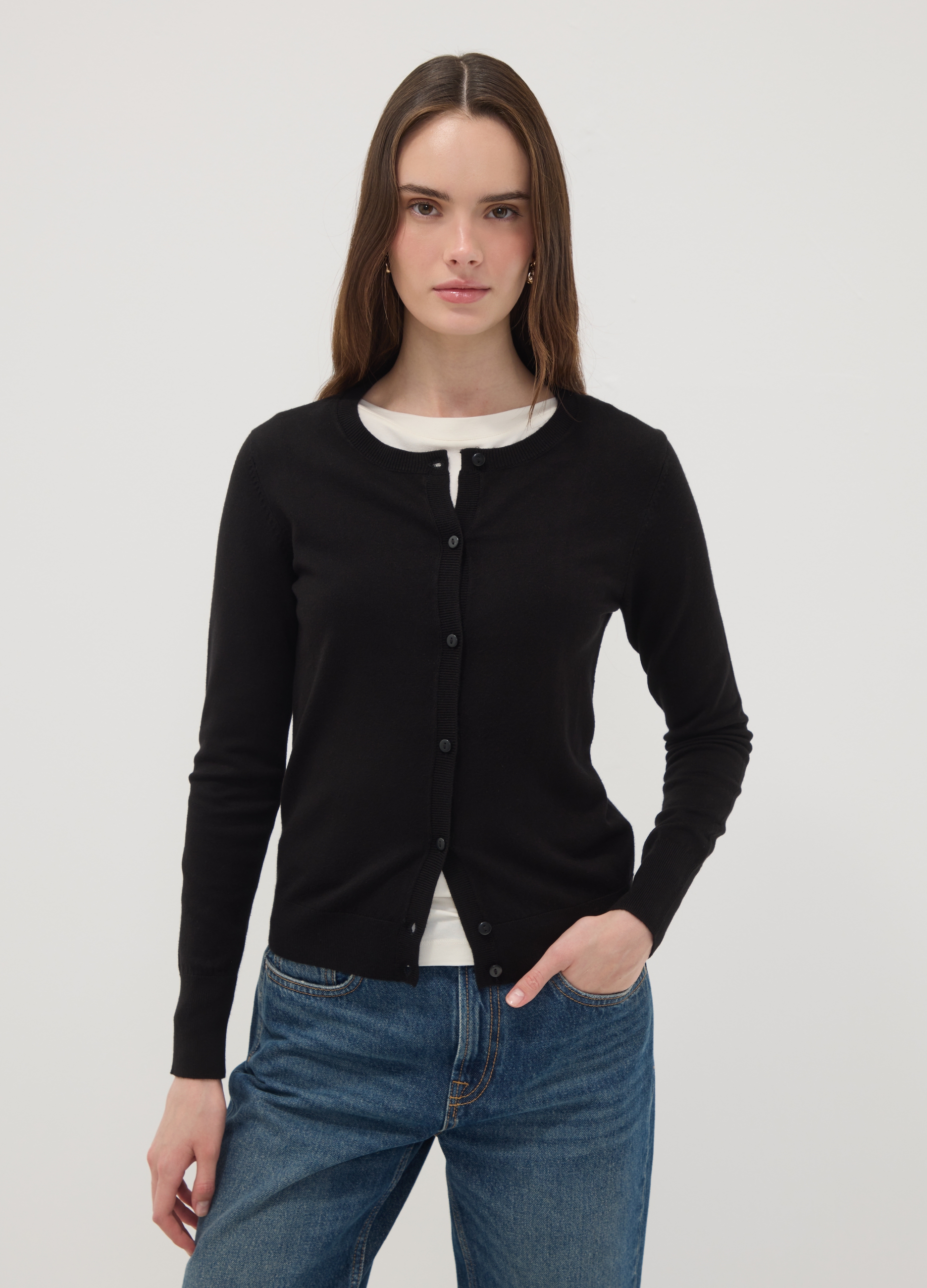 OVS , Cardigan Girocollo Nero Regular Fit Con Lavorazione A Maglia Jersey, Donna, Nero, Taglia: S