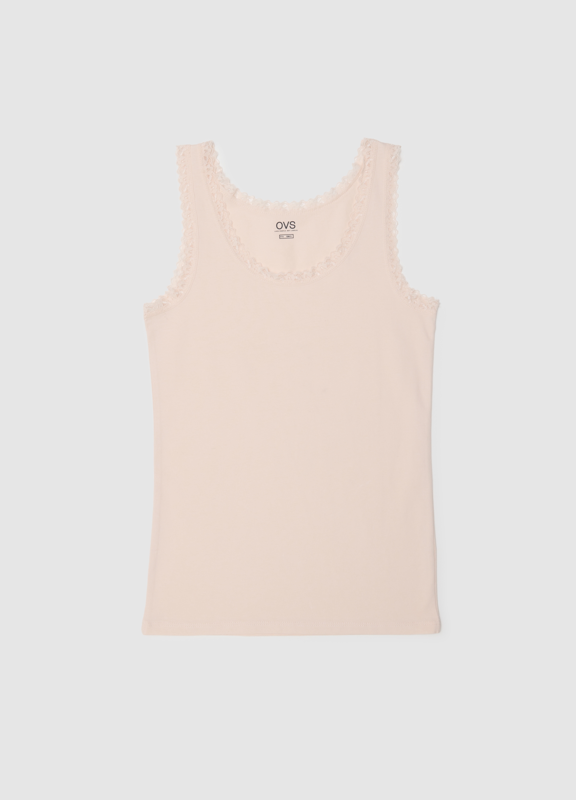 Camiseta Sin Mangas Beige De Ajuste Regular En Algodón Elástico Con Ribete De Encaje, Mujer, Beige Oscuro, Talla: L
