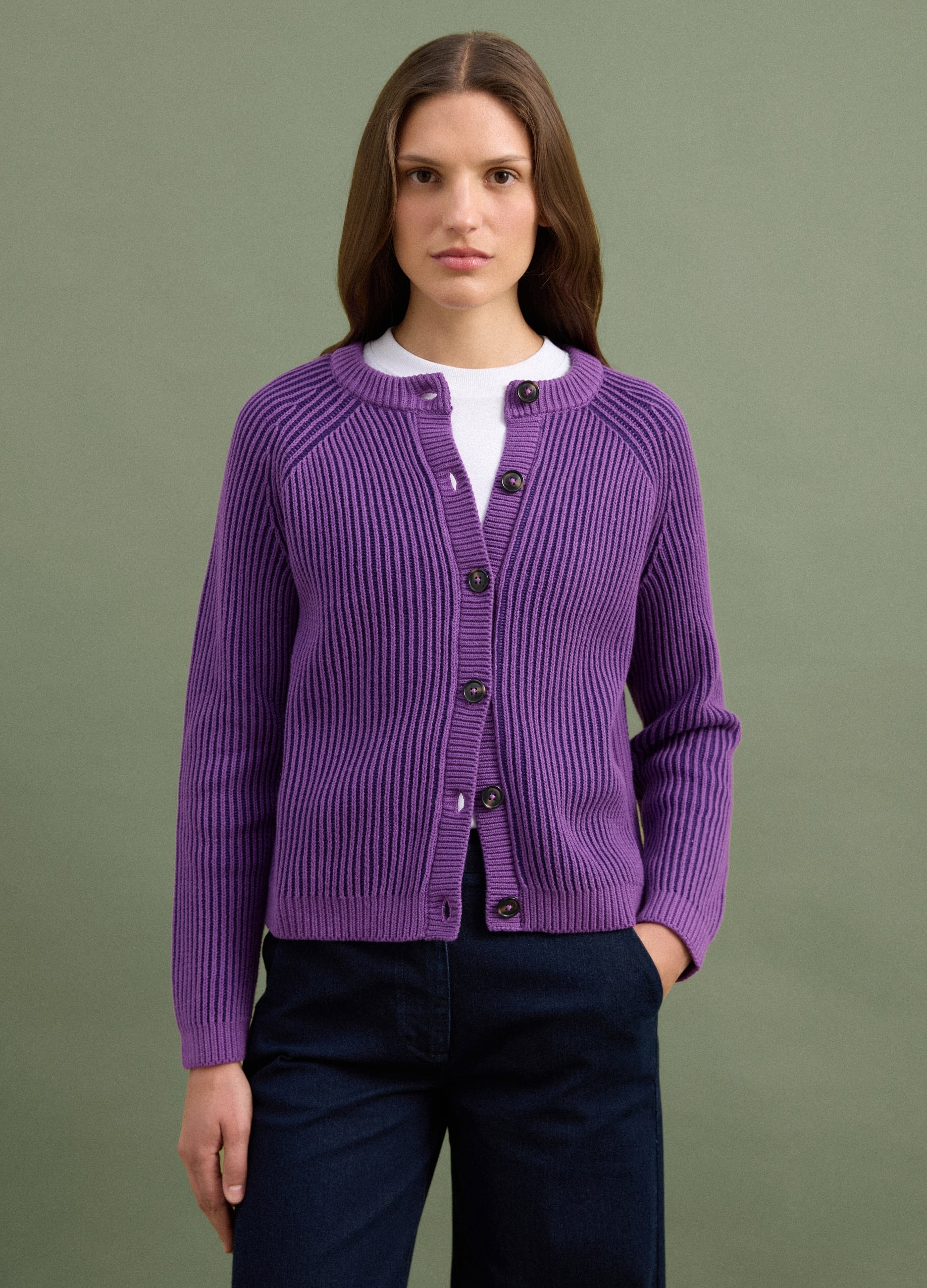 PIOMBO, Cardigan Viola In Puro Cotone A Coste Con Girocollo, Donna, Viola, Taglia: M