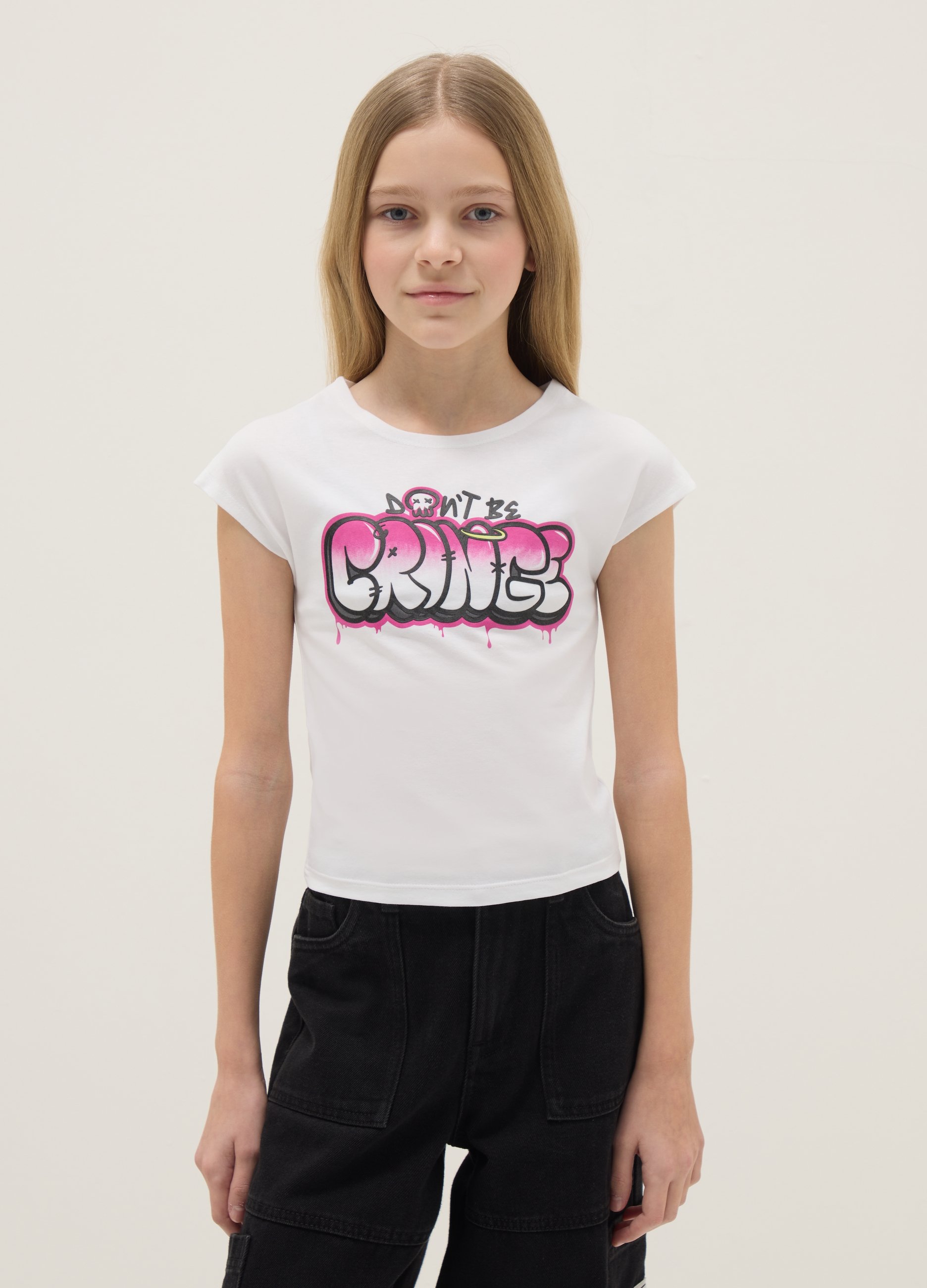 OVS KIDS, Camiseta Blanca De Algodón Elástico Para Niña, Ajuste Slim Con Estampado, Niña, Blanco óptico, Talla: 14-15