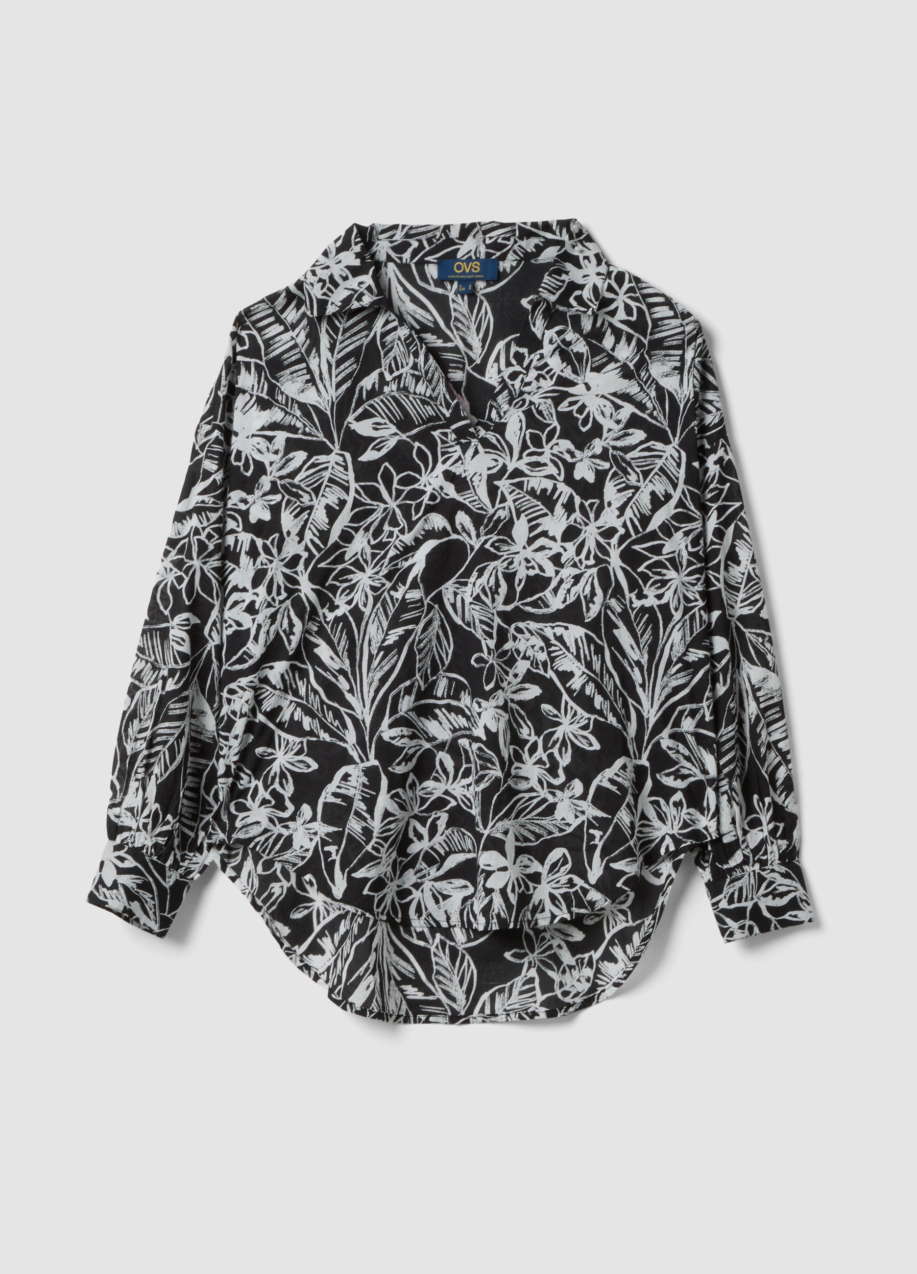 Camicia In Puro Cotone Multicolor Con Fantasia Floreale E Collo A V, Mujer, Blanco/negro, Talla: 42