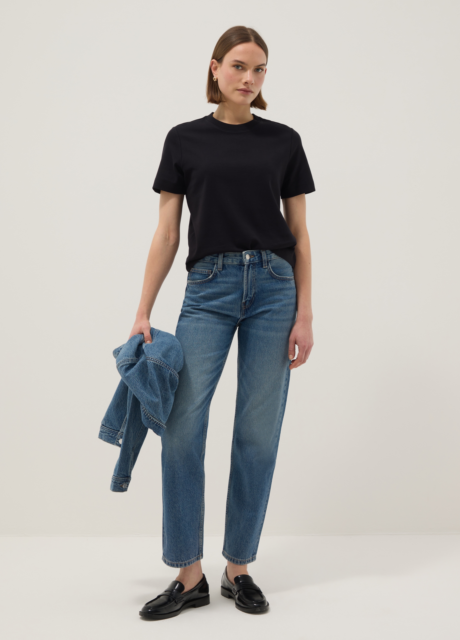 Camiseta Negra De Algodón Puro Corte Relajado, Mujer, Gunmetal, Talla: 36