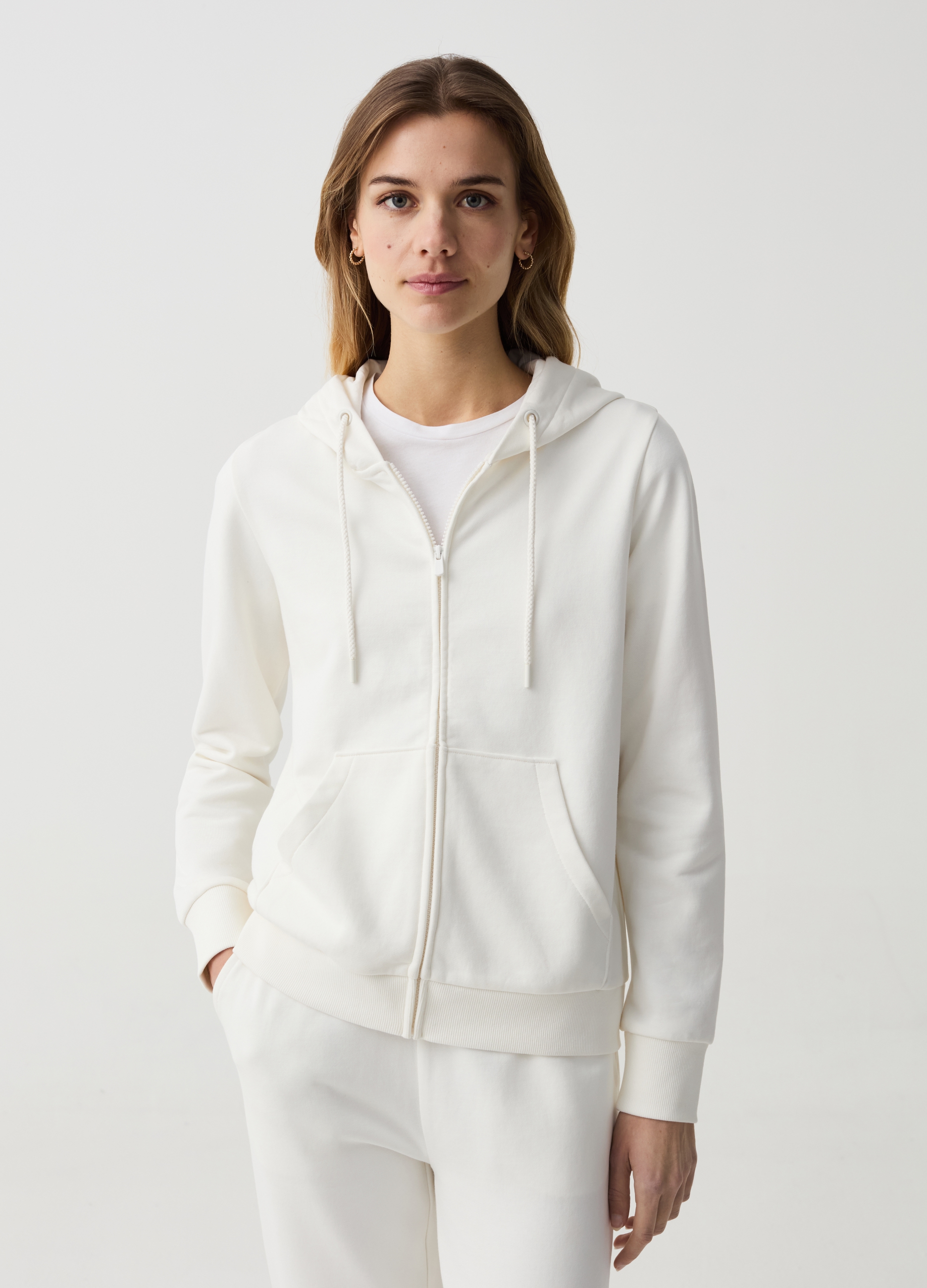 OVS , Full-zip Essential In Felpa Con Cappuccio, Donna, Bianco, Taglia: XS