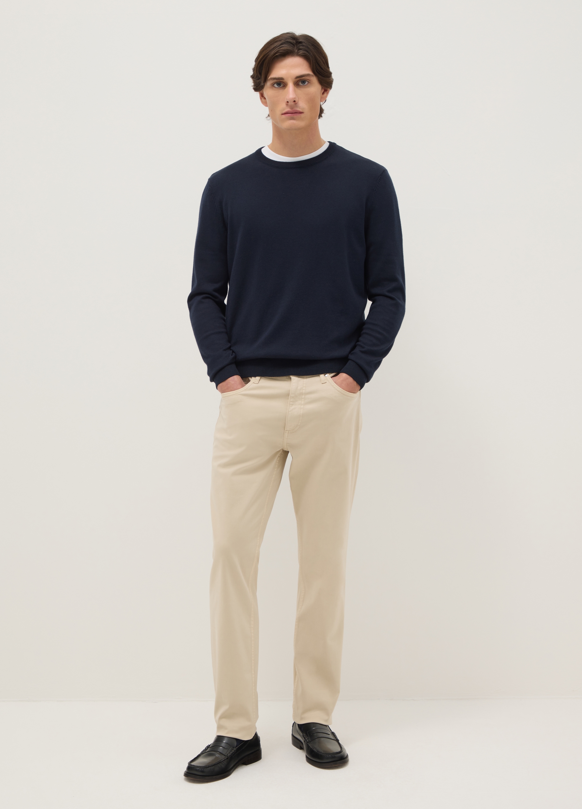 Pantalones Beige De Algodón Elástico Ajuste Slim, Hombre, Beige Jaspeado, Talla: 44