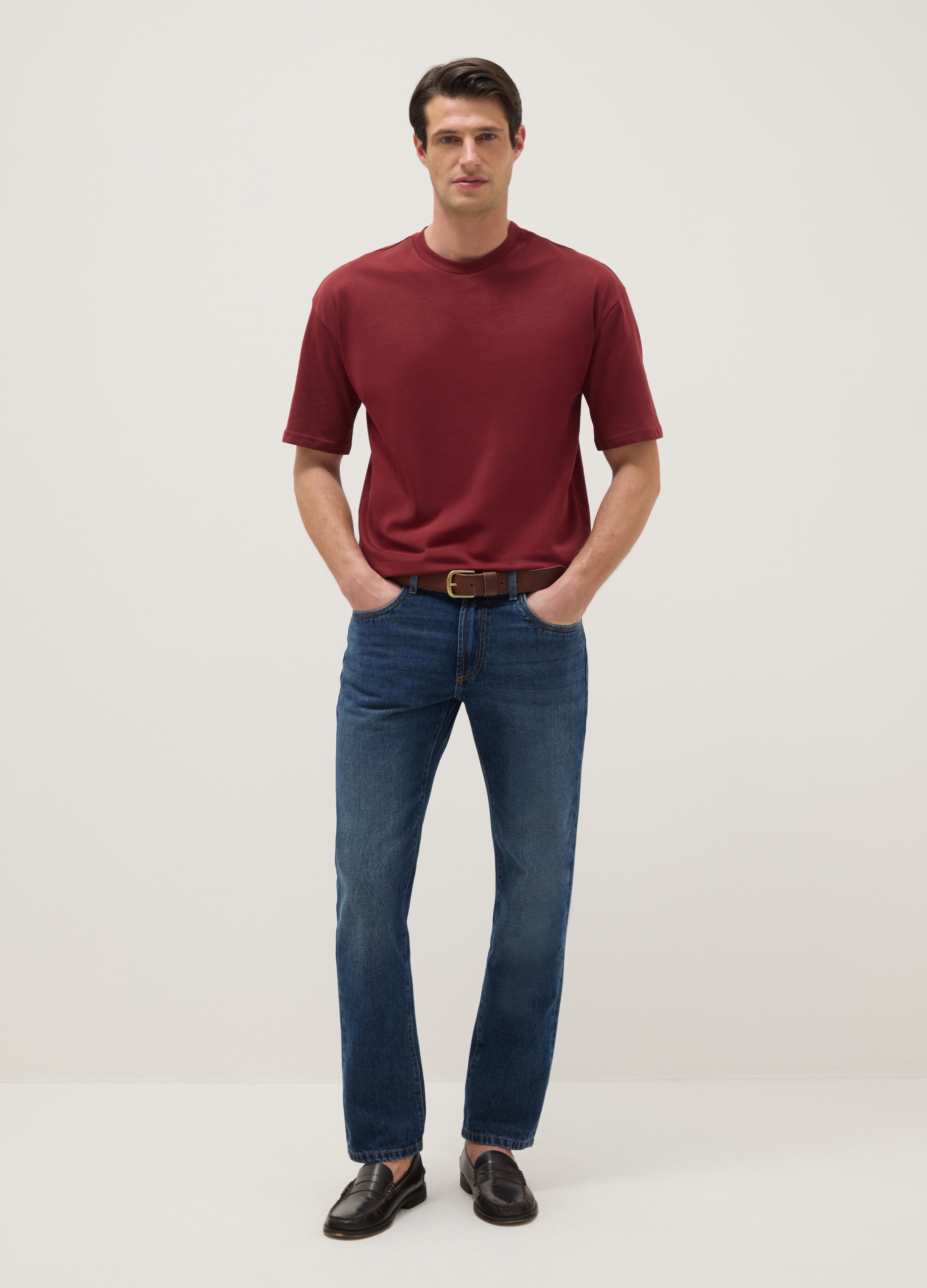 Camiseta Roja De Algodón Puro Ajuste Relajado, Hombre, Rojo Cereza, Talla: S