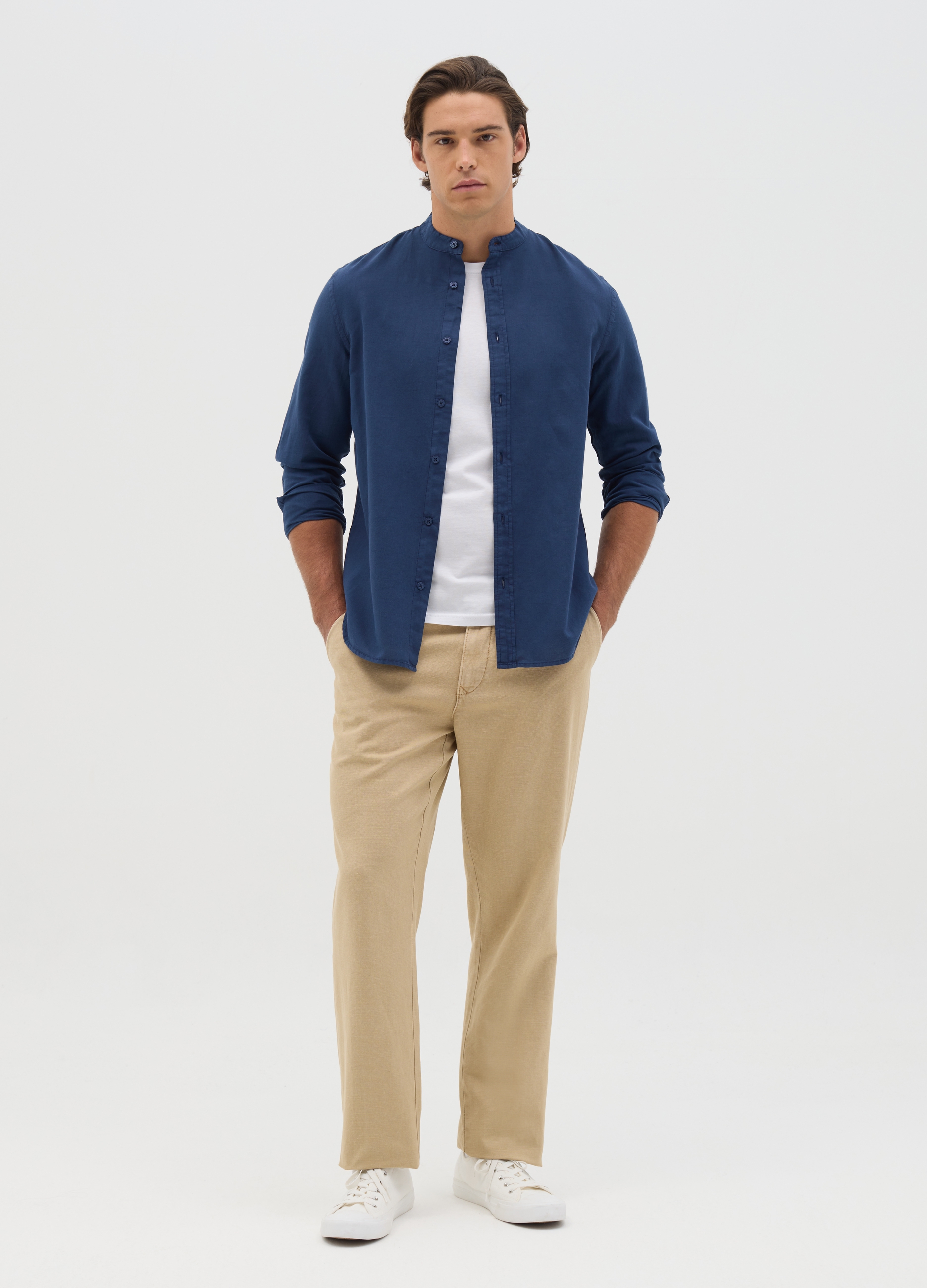 Camisa Azul Regular Con Cuello Mao De Algodón Y Lino, Hombre, Azul, Talla: S