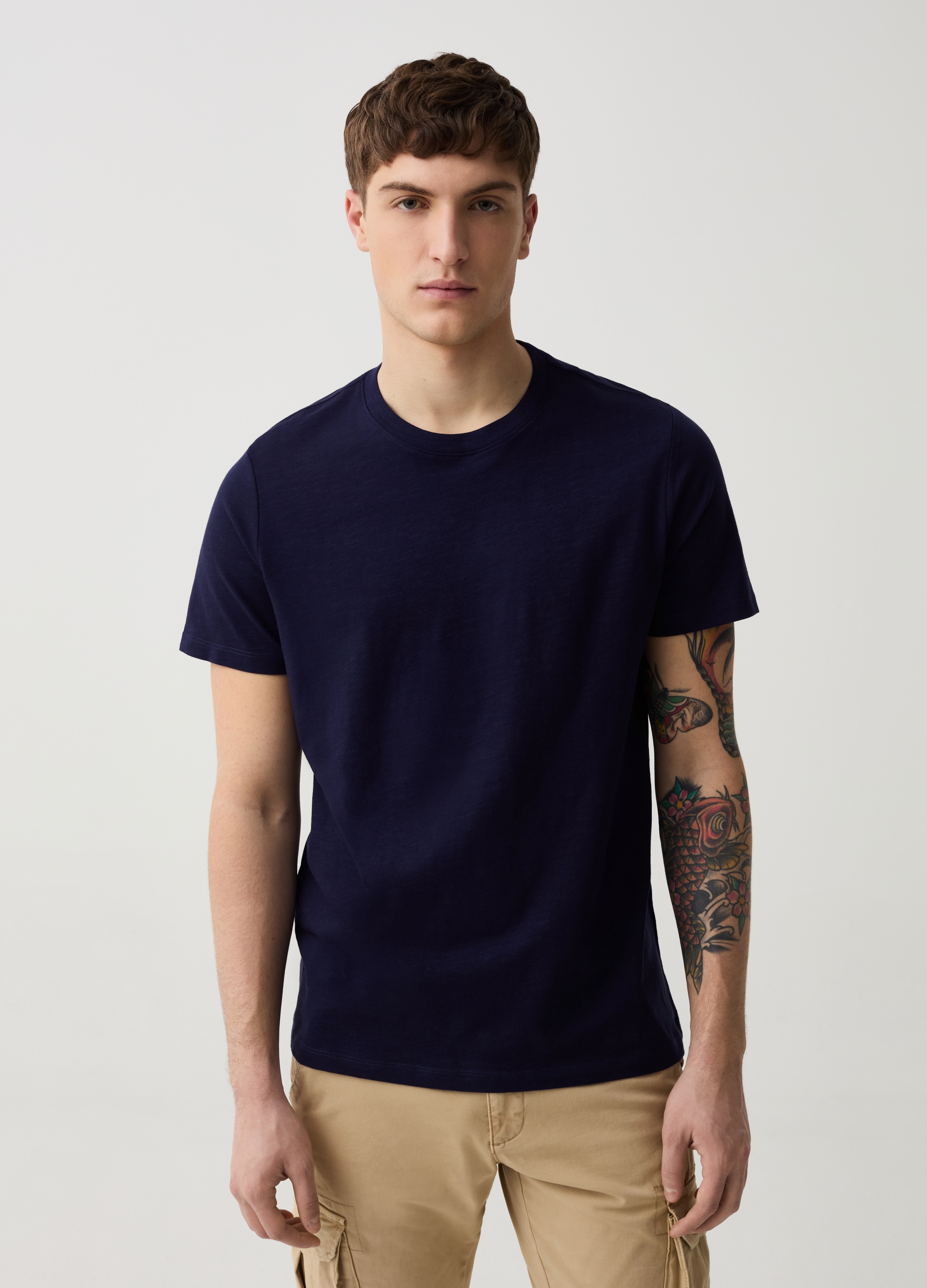 OVS , T-shirt Girocollo In Slub Jersey, Uomo, Blu, Taglia: S