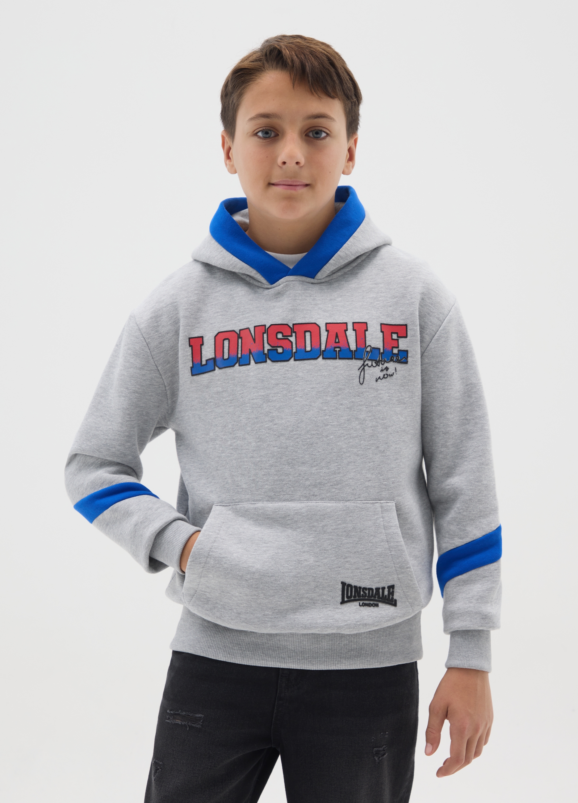 LONSDALE, Felpa Da Bambino In Misto Cotone Grigia Regular Fit Con Cappuccio, Multicolor, Taglia: 12-13