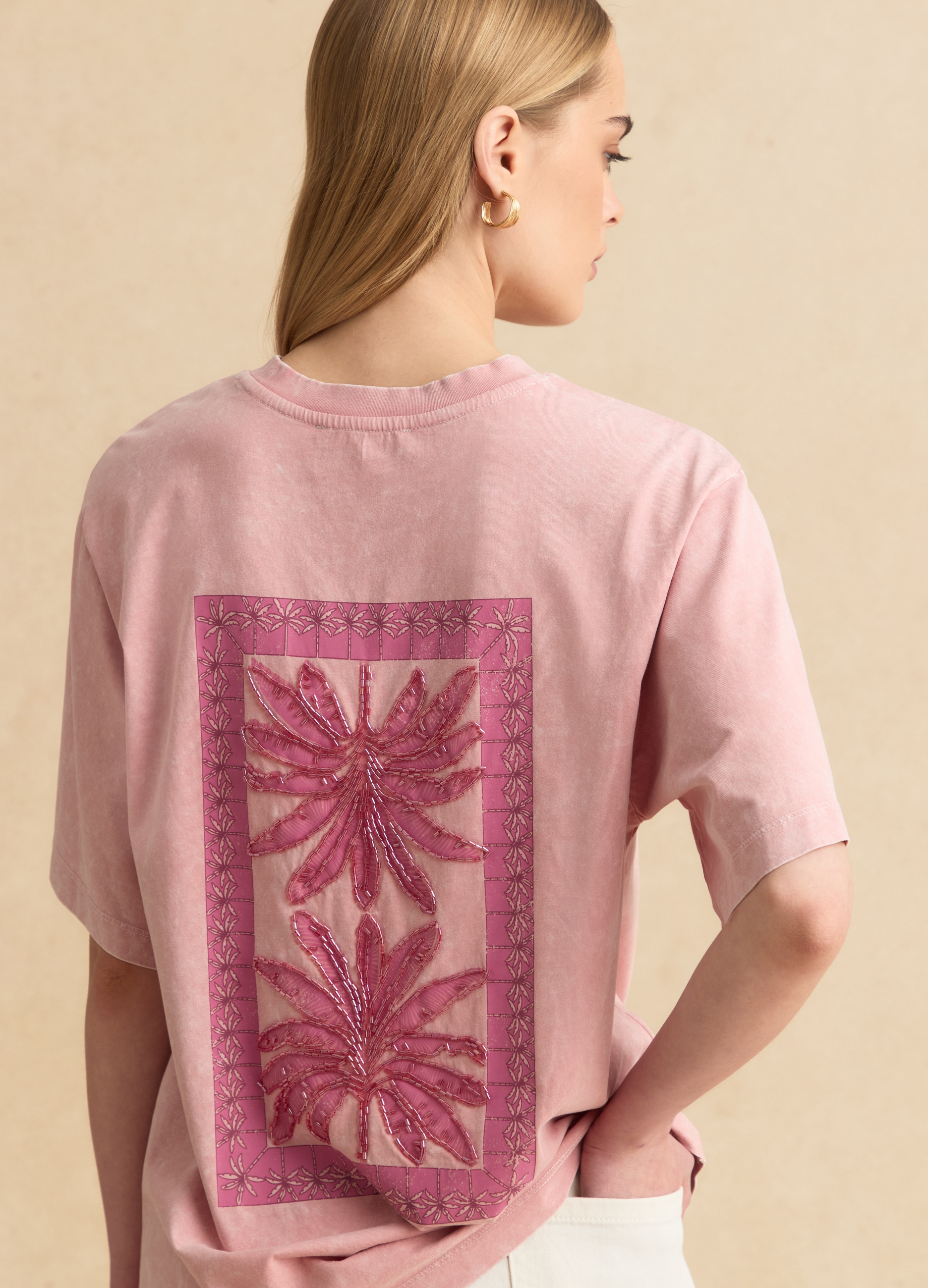 LES COPAINS, T-shirt Rosa In Puro Cotone Regular Fit Con Ricamo E Perline, Donna, Rosa, Taglia: XS