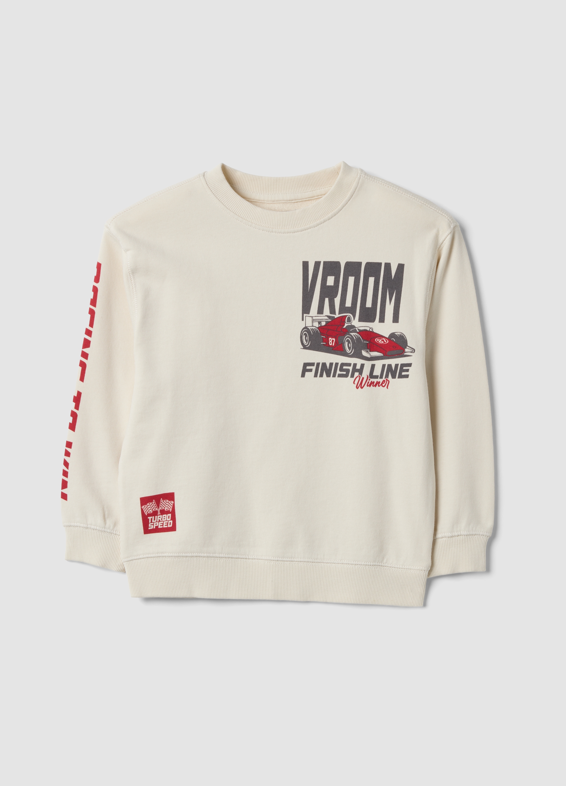 OVS KIDS, Felpa Bianca In Puro Cotone Con Girocollo E Stampa Racing Over Fit, Bambino, Bianco, Taglia: 3-4