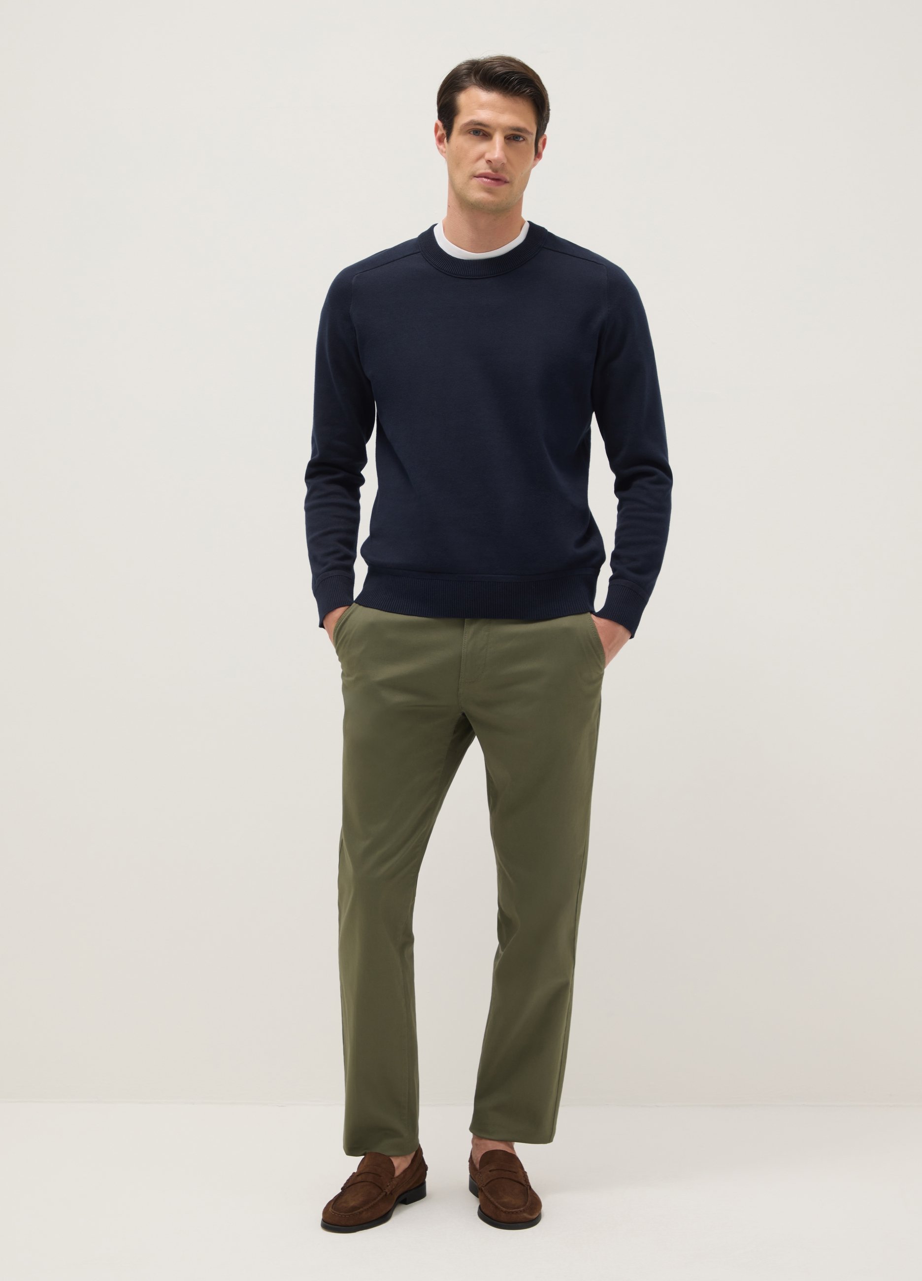 Pantalones Chino Verdes De Algodón Elástico Ajuste Regular, Hombre, Verde Oliva, Talla: 46