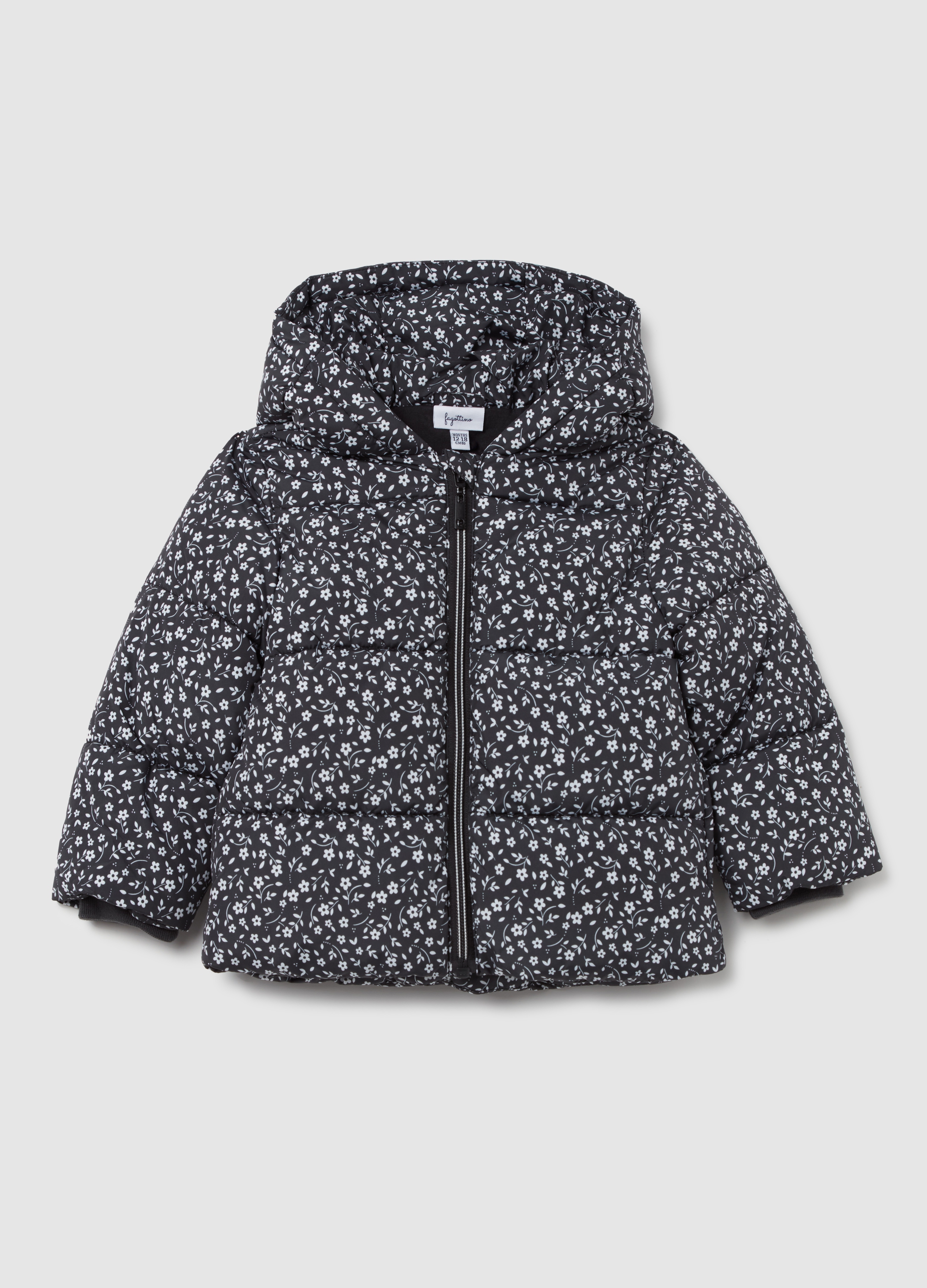 FAGOTTINO, Piumino Floreale Con Cappuccio, Bambina, Nero, Taglia: 9-12