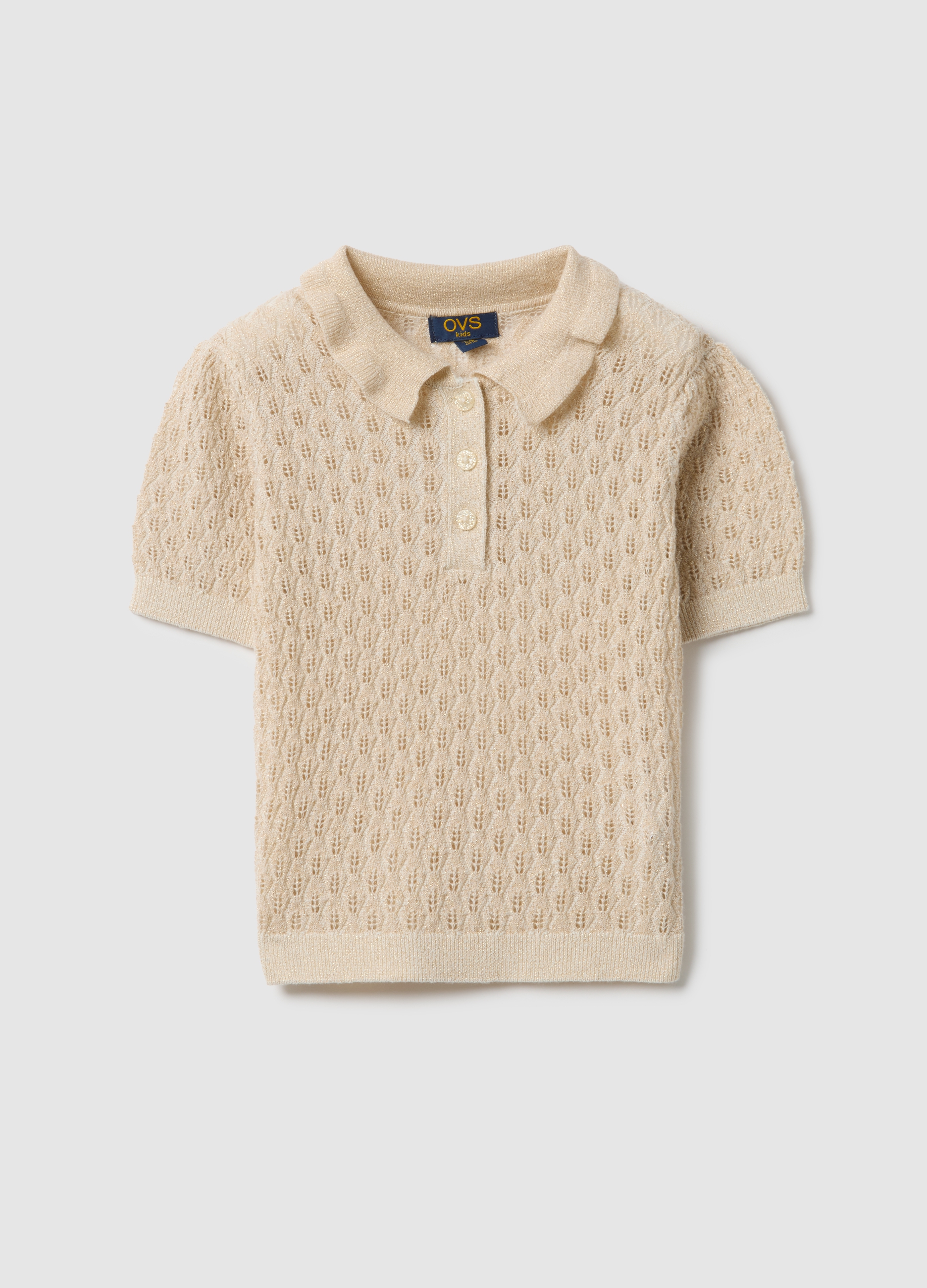 OVS KIDS, Polo Beige De Mezcla De Algodón Para Niña, Ajuste Regular Con Detalle Calado, Niña, Beige Jaspeado, Talla: 7-8