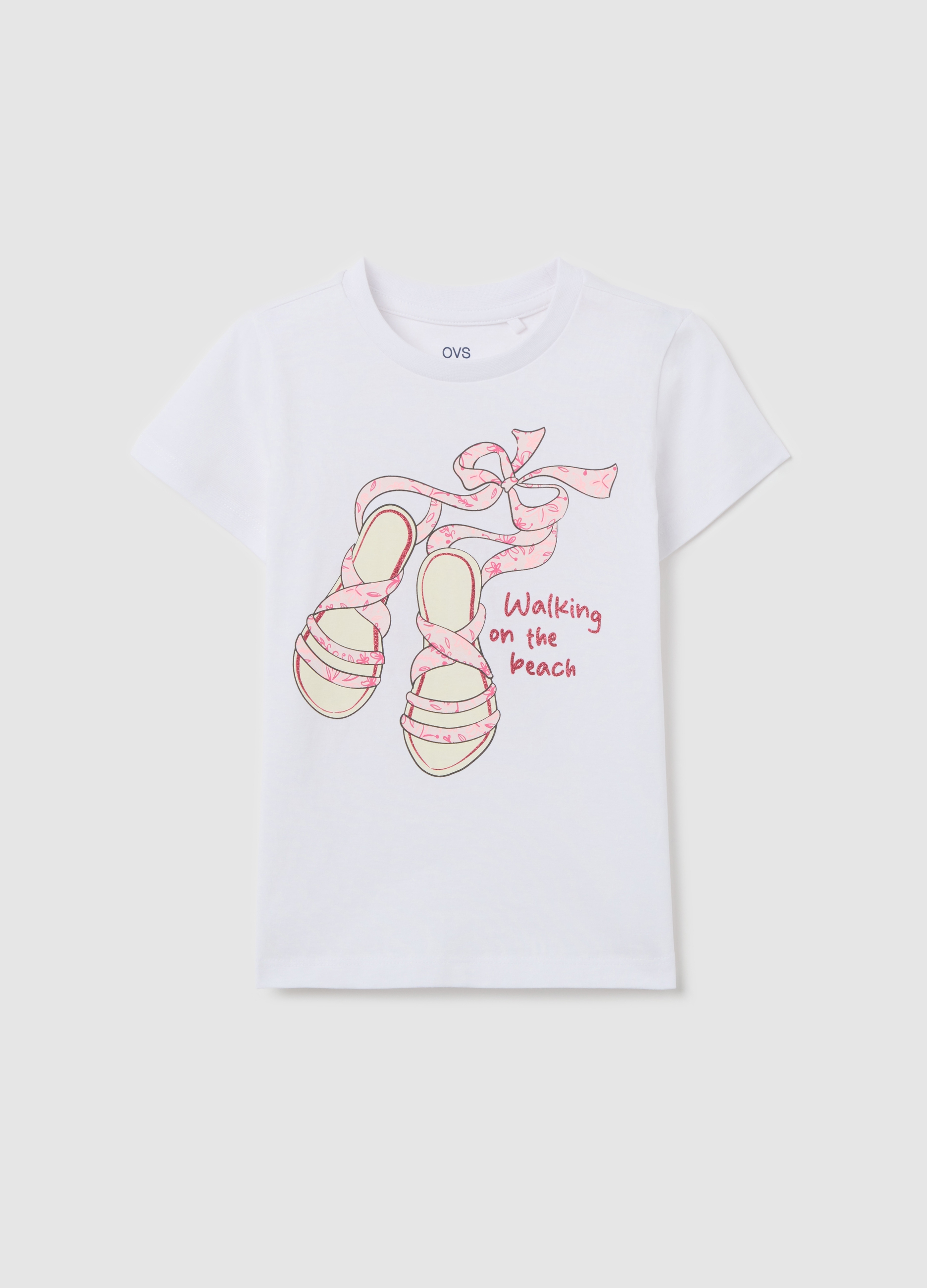 OVS, T-shirt Bianca In Cotone Con Stampa Glitterata, Bambina, Bianco, Taglia: 3-4