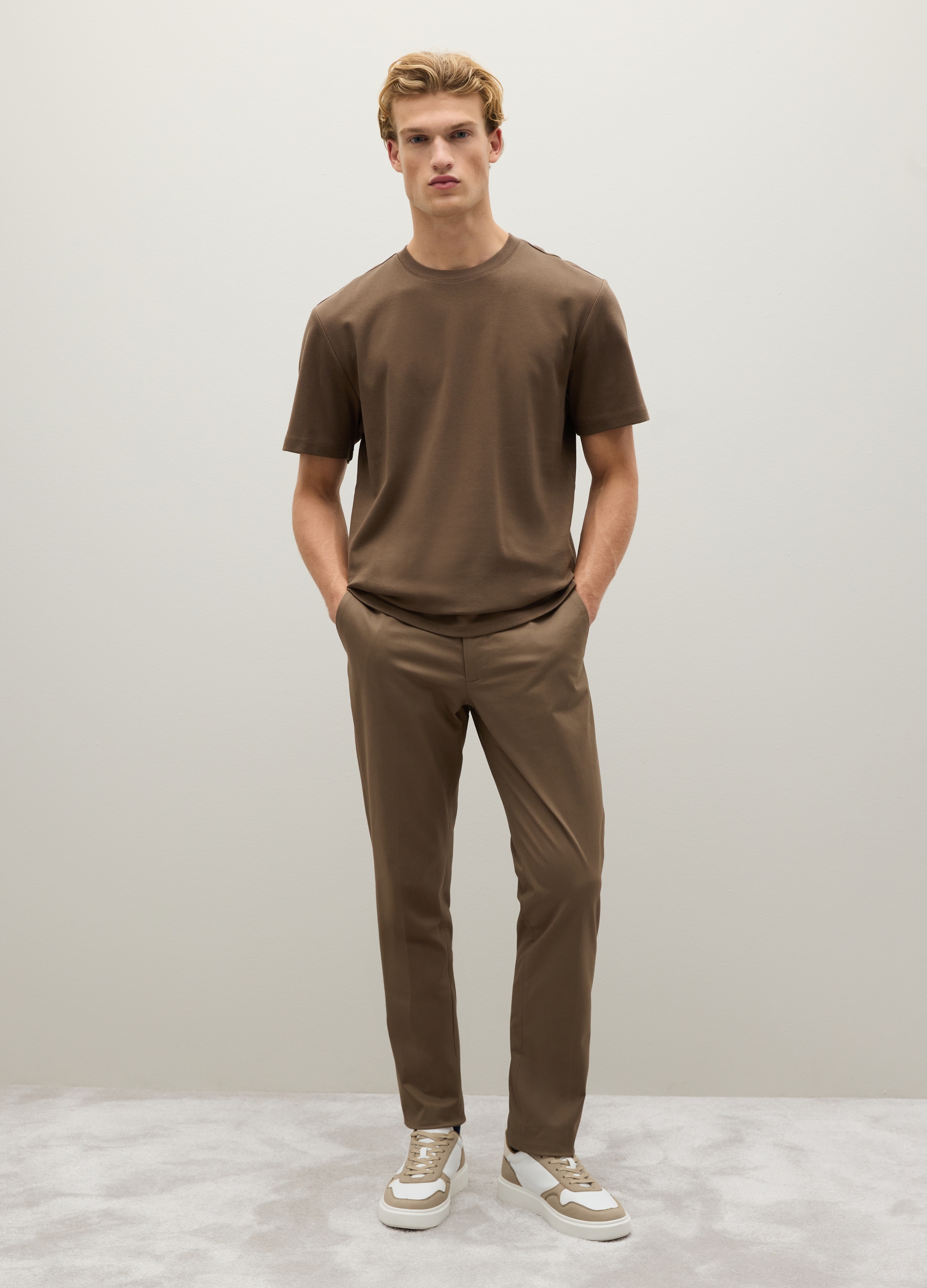 Piombo Contemporary, Pantaloni In Cotone Elasticizzato Marrone Chiaro, Uomo, Marrone, Taglia: 46