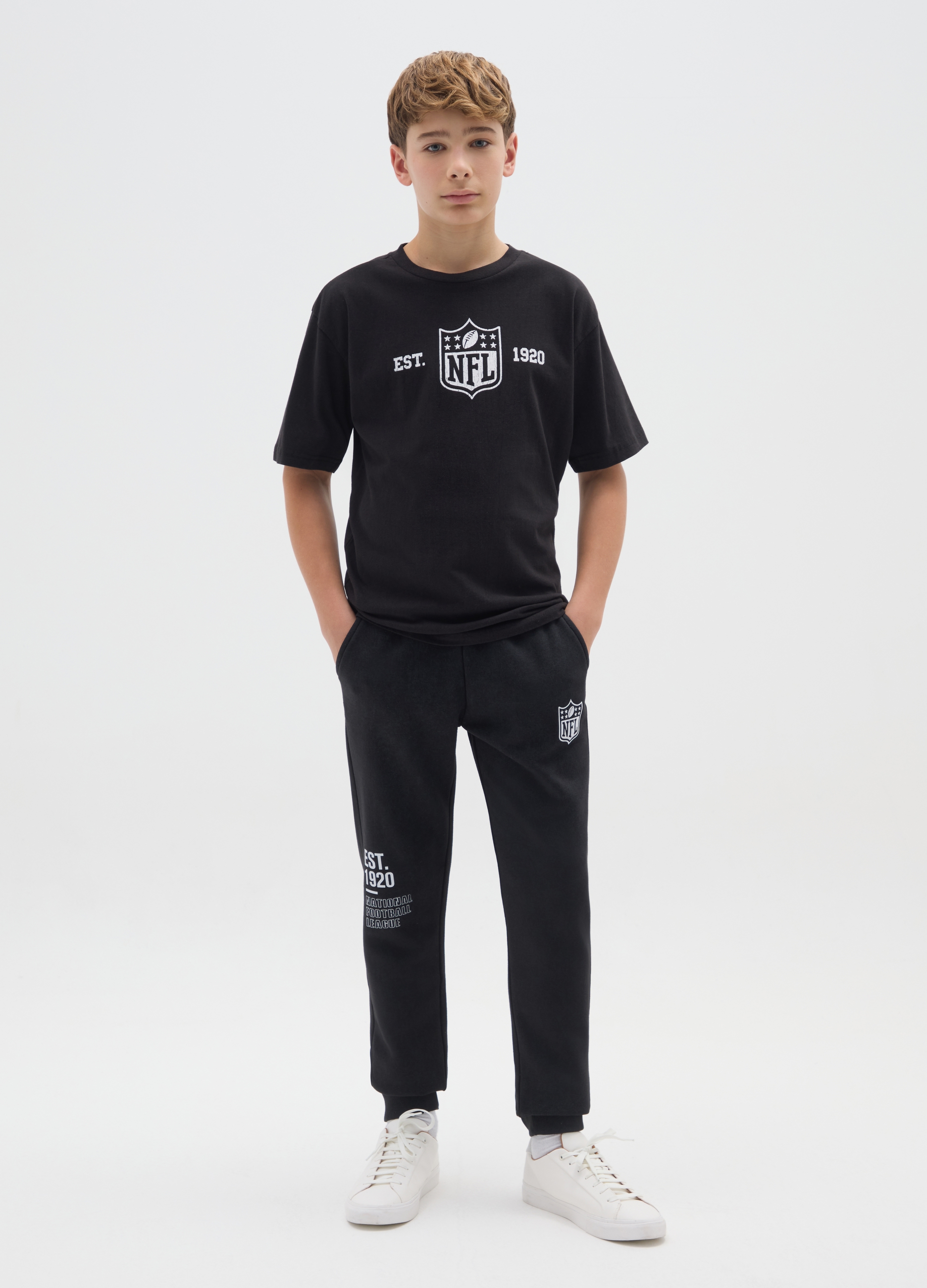 NFL, Pantaloni Da Bambino In Misto Cotone Nero Regular Fit Con Logo Nfl, Nero, Taglia: 10-11