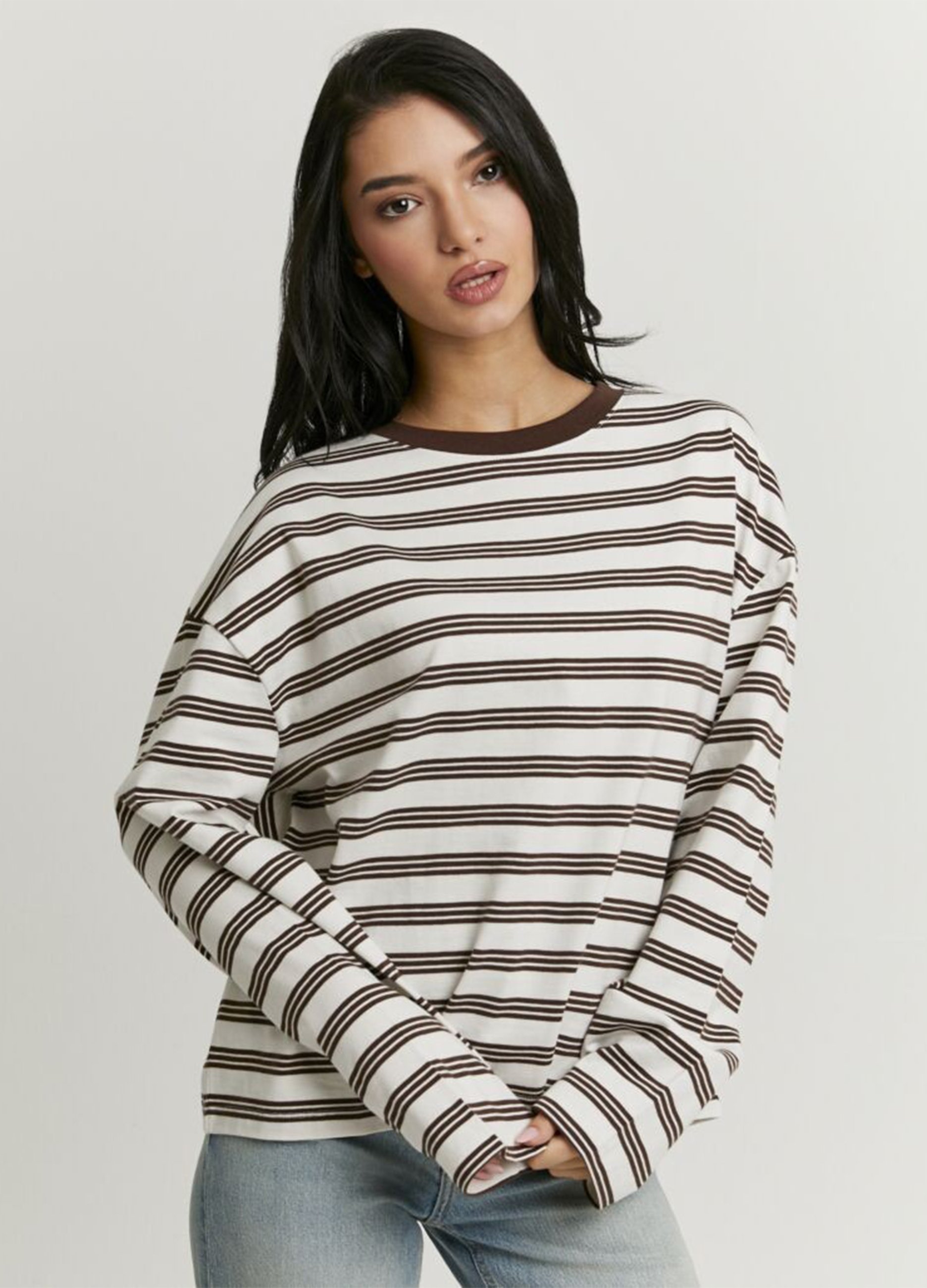 TALLY WEIJL, T-shirt Bianca A Righe Marroni In Puro Cotone Regular Fit, Donna, Multicolor, Taglia: S